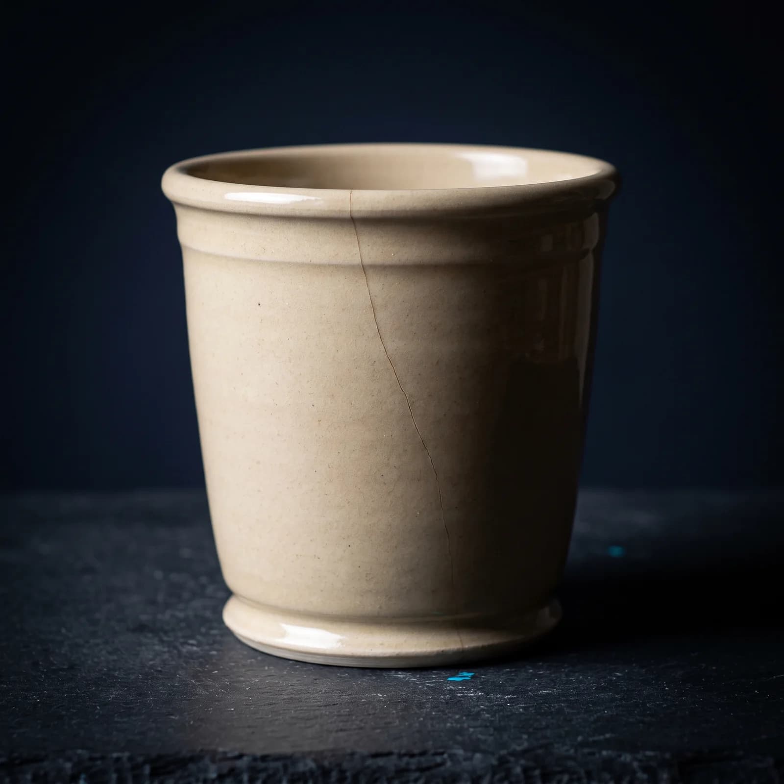 A single hand-thrown ceramic beaker on a dark slate surface, evenly glazed in oatmeal with a crisp foot ring and an undamaged rim, one fine hairline crack running down one side.