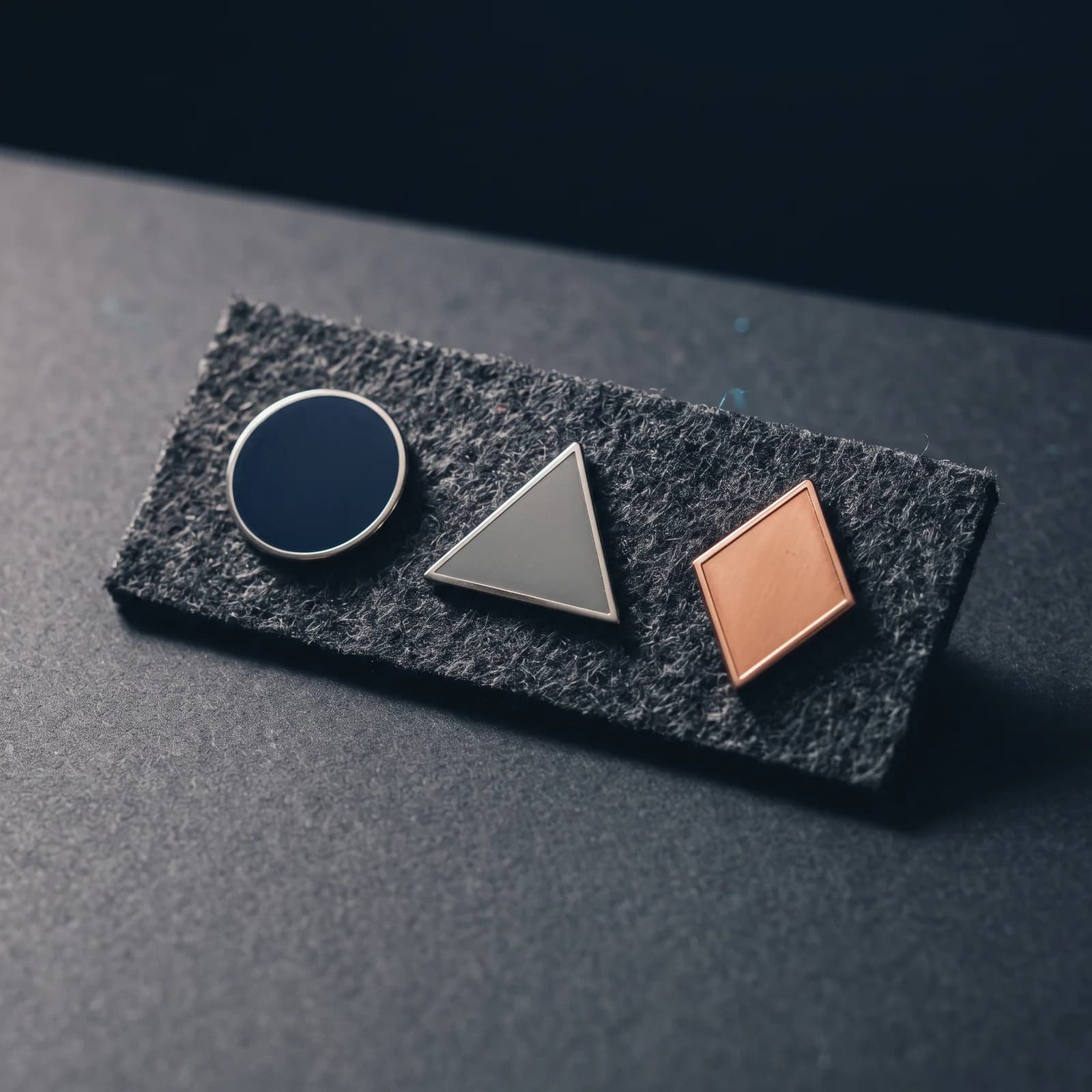 Three enamel pin badges — a navy circle, a grey triangle and a copper diamond — pinned to a rectangle of dark grey felt on a slate surface.