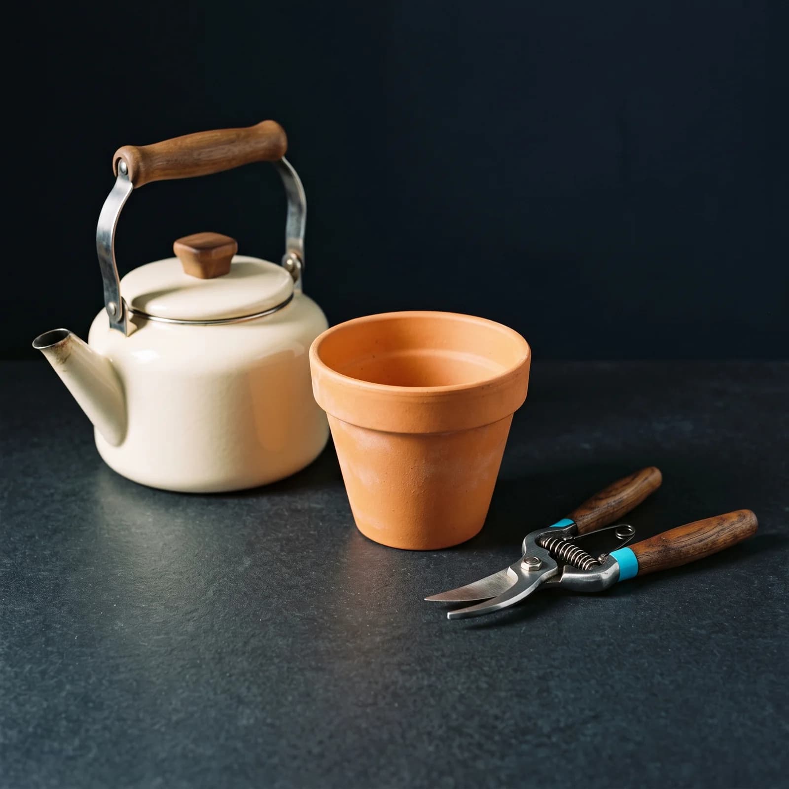 A cream enamel kettle with a wooden handle, a clean dry terracotta pot and a pair of sharp secateurs with wooden handles and a cyan collar, on a dark slate surface.