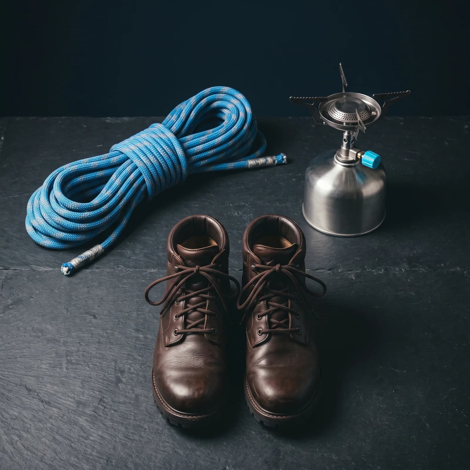 A blue climbing rope neatly lap-coiled with cleanly whipped ends, a stainless canister stove with a cyan valve, and a clean pair of brown leather walking boots on a dark slate surface.