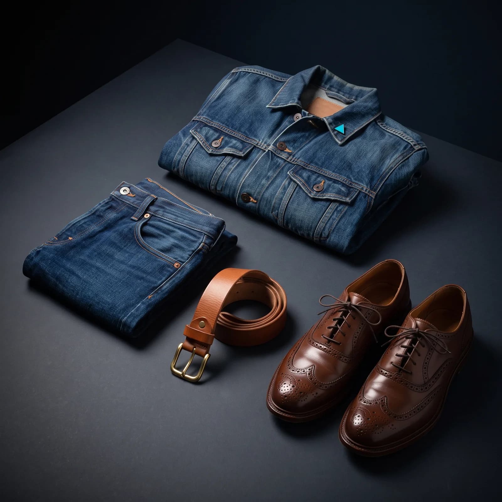 A folded indigo denim jacket and jeans on a dark surface beside a rolled tan leather belt with a brass buckle and a matched pair of polished brown leather brogues.
