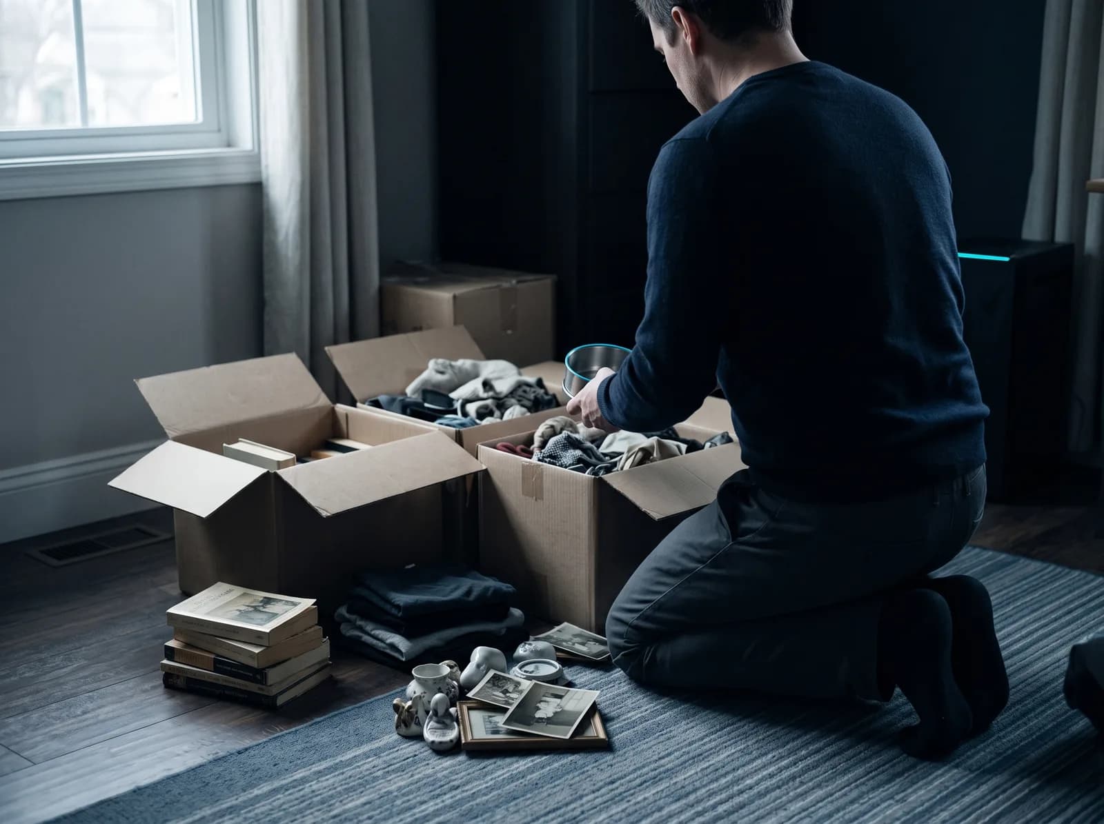 A man kneeling on a rug beside three open cardboard boxes, sorting folded clothes, books, framed photographs and small china ornaments into them.
