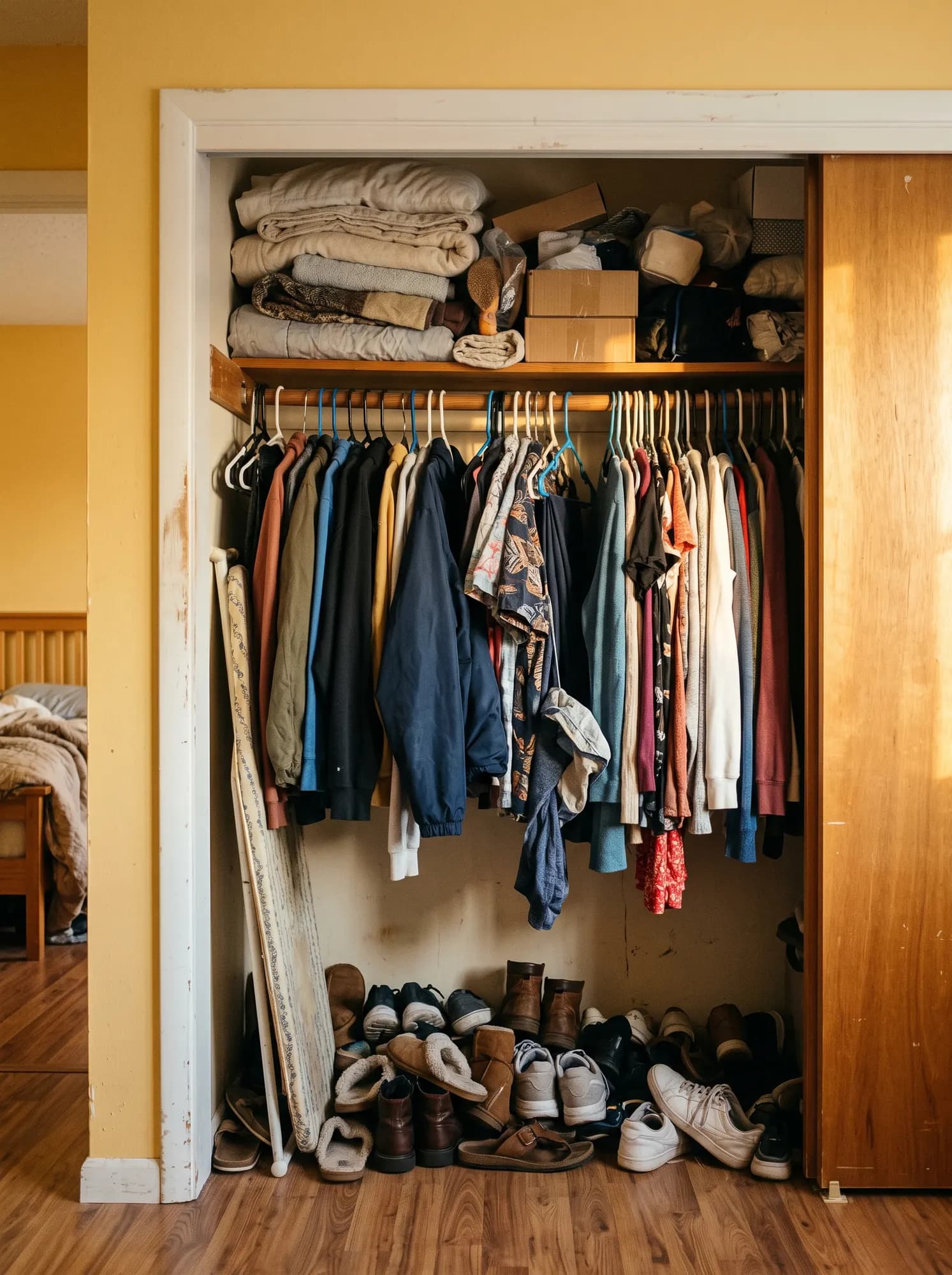 An overstuffed bedroom closet: folded jumpers piled on the shelf, about thirty hangers of coats and shirts, a cricket bat leaning against the frame, and fifteen pairs of shoes heaped on the floor.