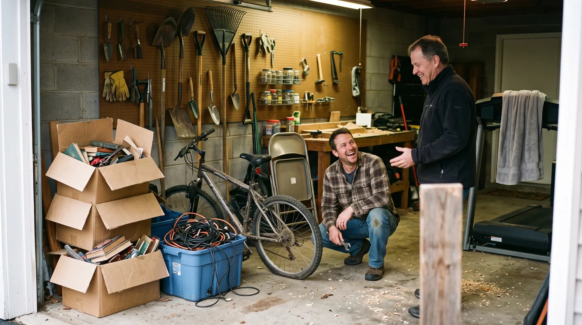 Two men laughing in the same garage doorway, one crouched beside a mountain bike and one standing, with three open boxes of books, a tub of cables and a pegboard of garden tools around them.