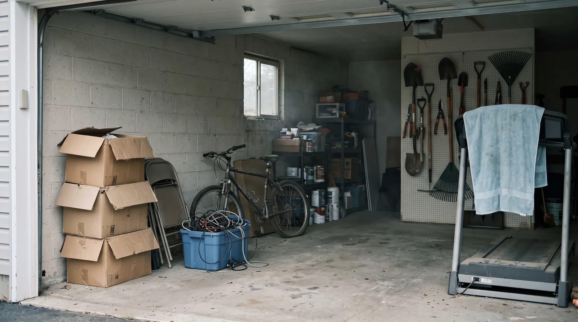 A suburban garage with the door up: three stacked cardboard boxes, folded chairs, a mountain bike with flat tyres, a plastic tub of tangled cables, a pegboard of shovels and rakes, and a treadmill with a towel hanging over the handrail.