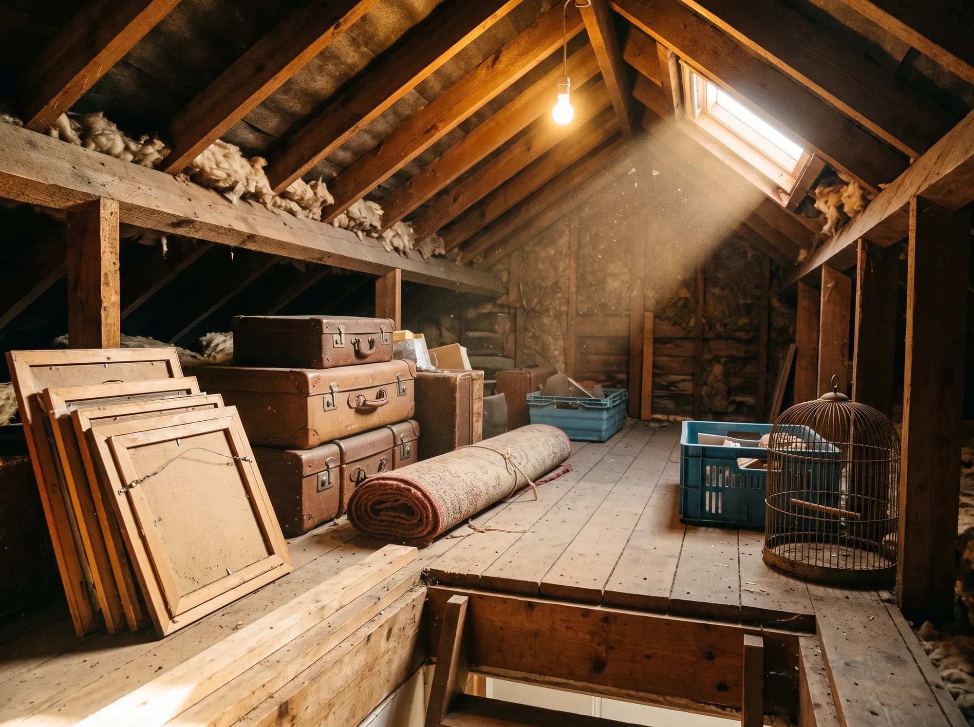 An unconverted loft lit by one bare bulb and a shaft of light from a skylight: three leather suitcases, stacked picture frames, a rolled rug, plastic crates and a birdcage.