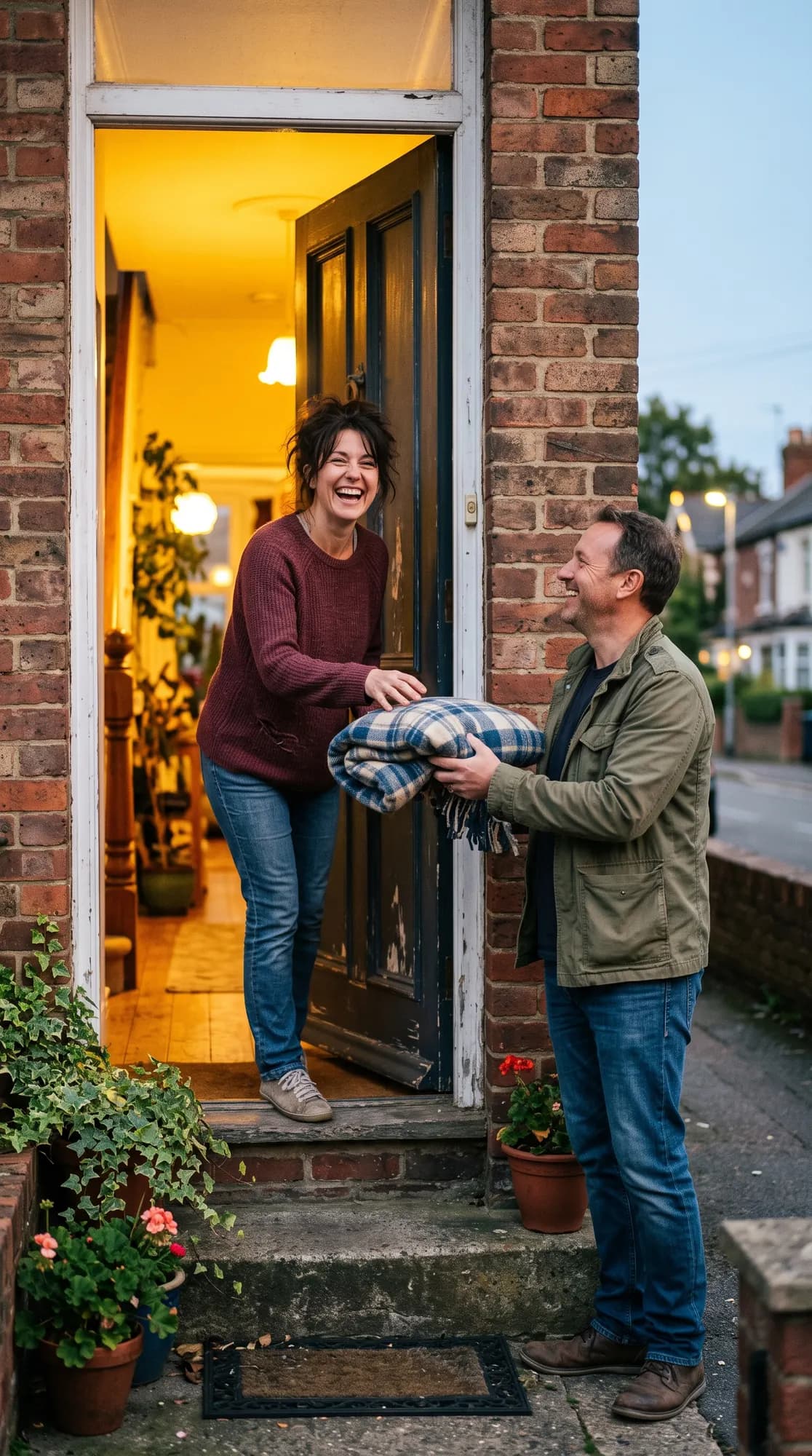 At dusk, a laughing woman in a doorway hands a folded tartan blanket to a smiling man on the step, warm hall light behind her and geraniums in pots beside the door.