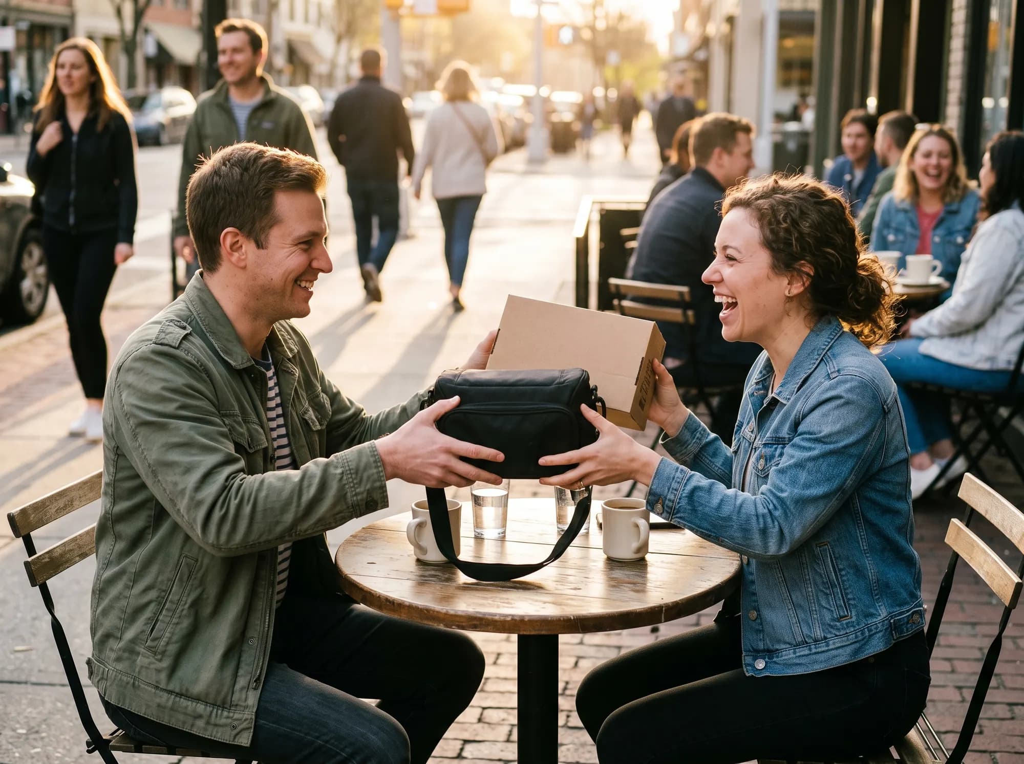 Two people at a round pavement café table, laughing as they exchange a camera bag and a small cardboard box across it, with street life and other tables behind them.