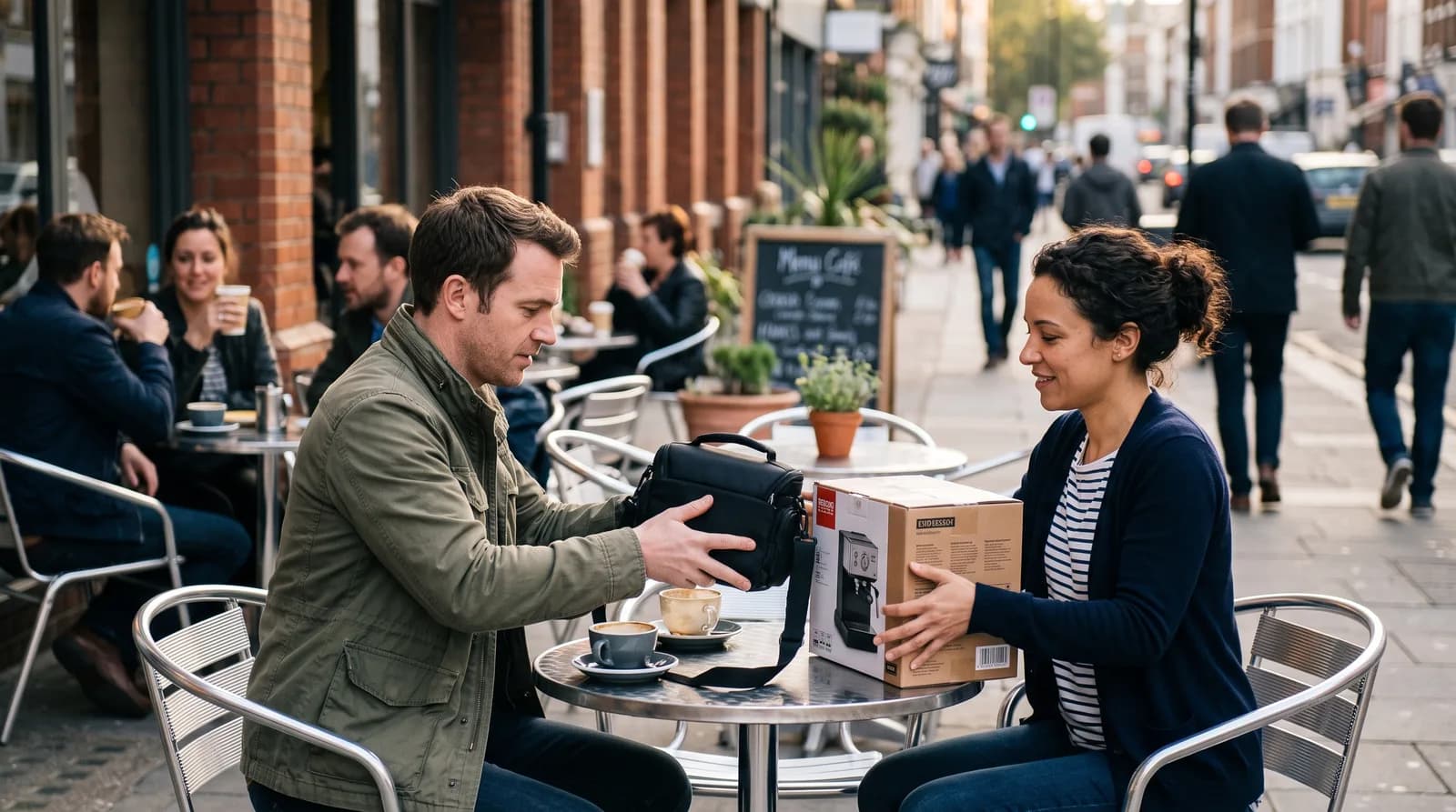 Two people at a round pavement cafe table exchanging a black camera bag and a boxed coffee machine across it, with a busy shopping street behind them.