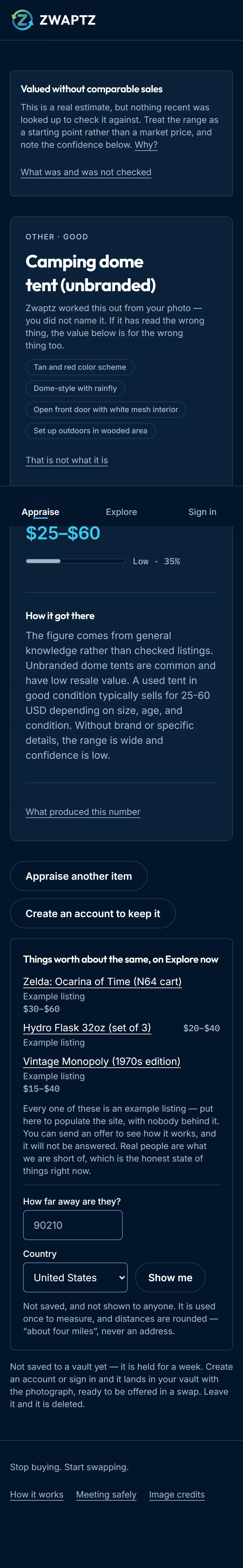 A Zwaptz appraisal on a phone. A panel headed Valued without comparable sales explains that nothing recent was looked up. Below, a camping dome tent is valued at 25 to 60 dollars with a confidence bar reading Low, 35 percent.