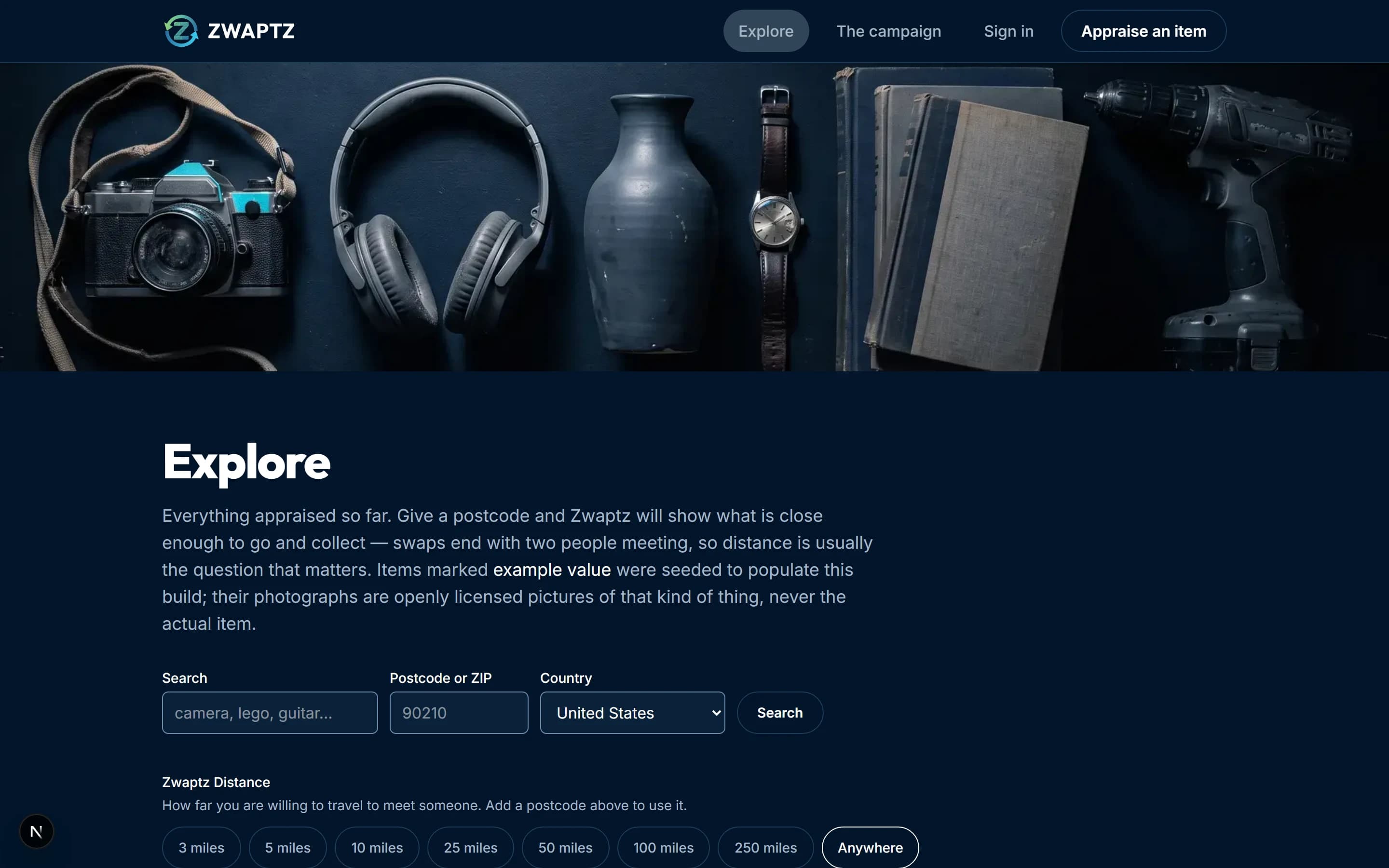 The Zwaptz Explore screen listing appraised items, each with its valuation band and a rounded distance.