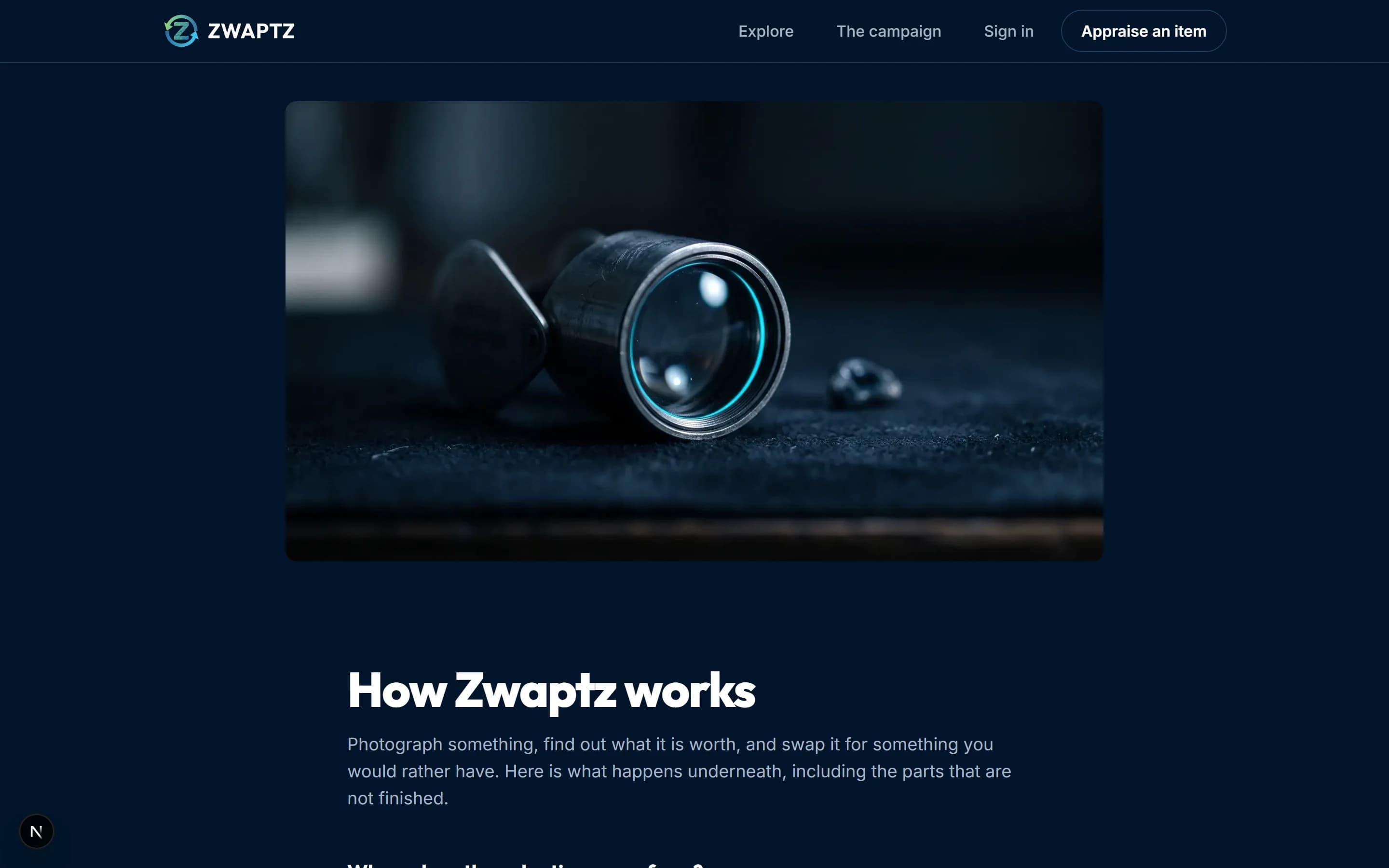 The Zwaptz how-it-works page, laying out the steps from photographing an item to arranging the handover.