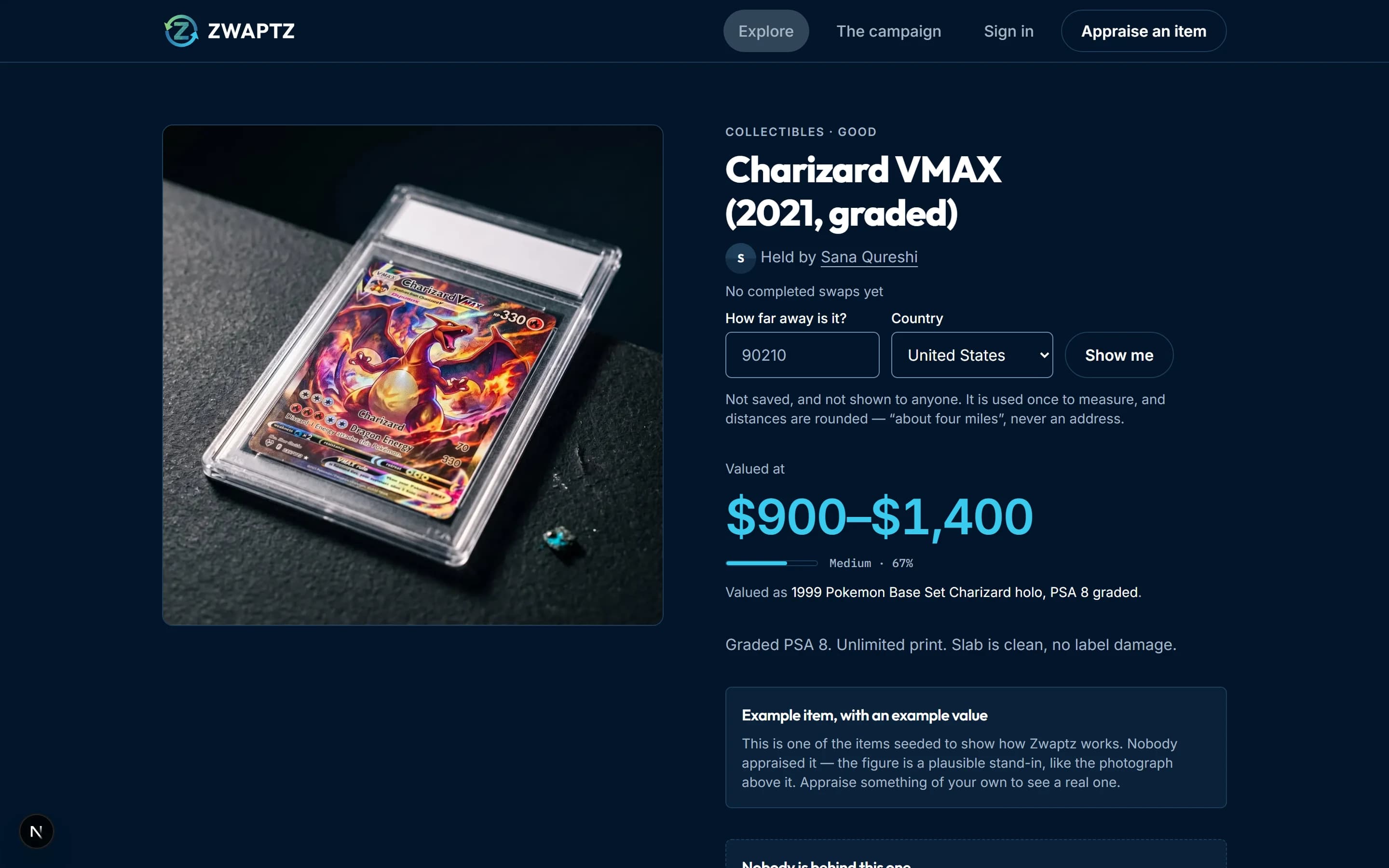 An item page showing a valuation band above a Propose a swap button.
