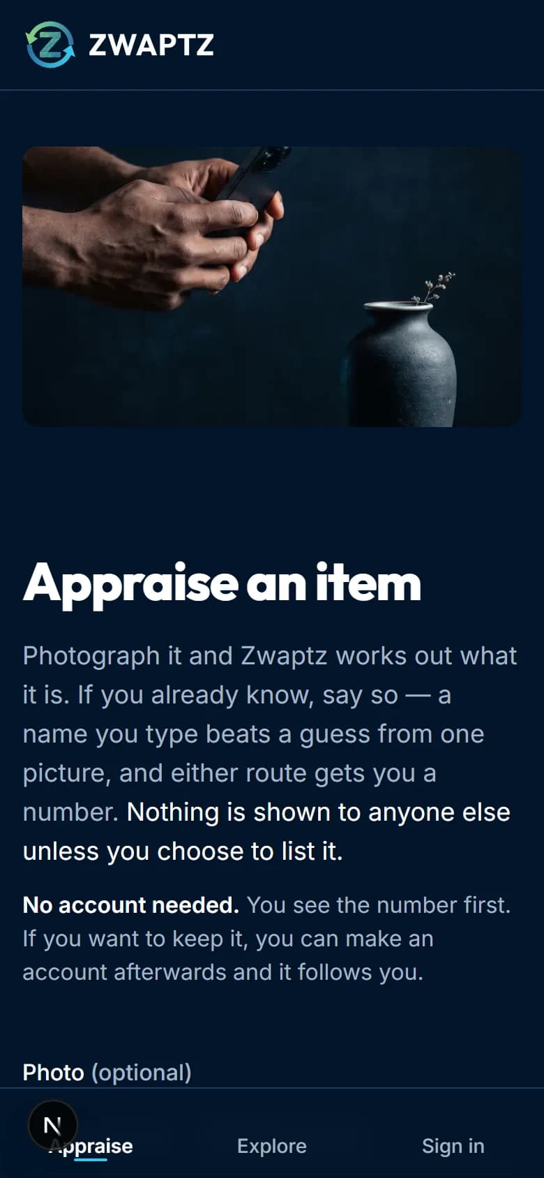 The Zwaptz appraisal form on a phone, with a photograph upload area and fields for what the item is.