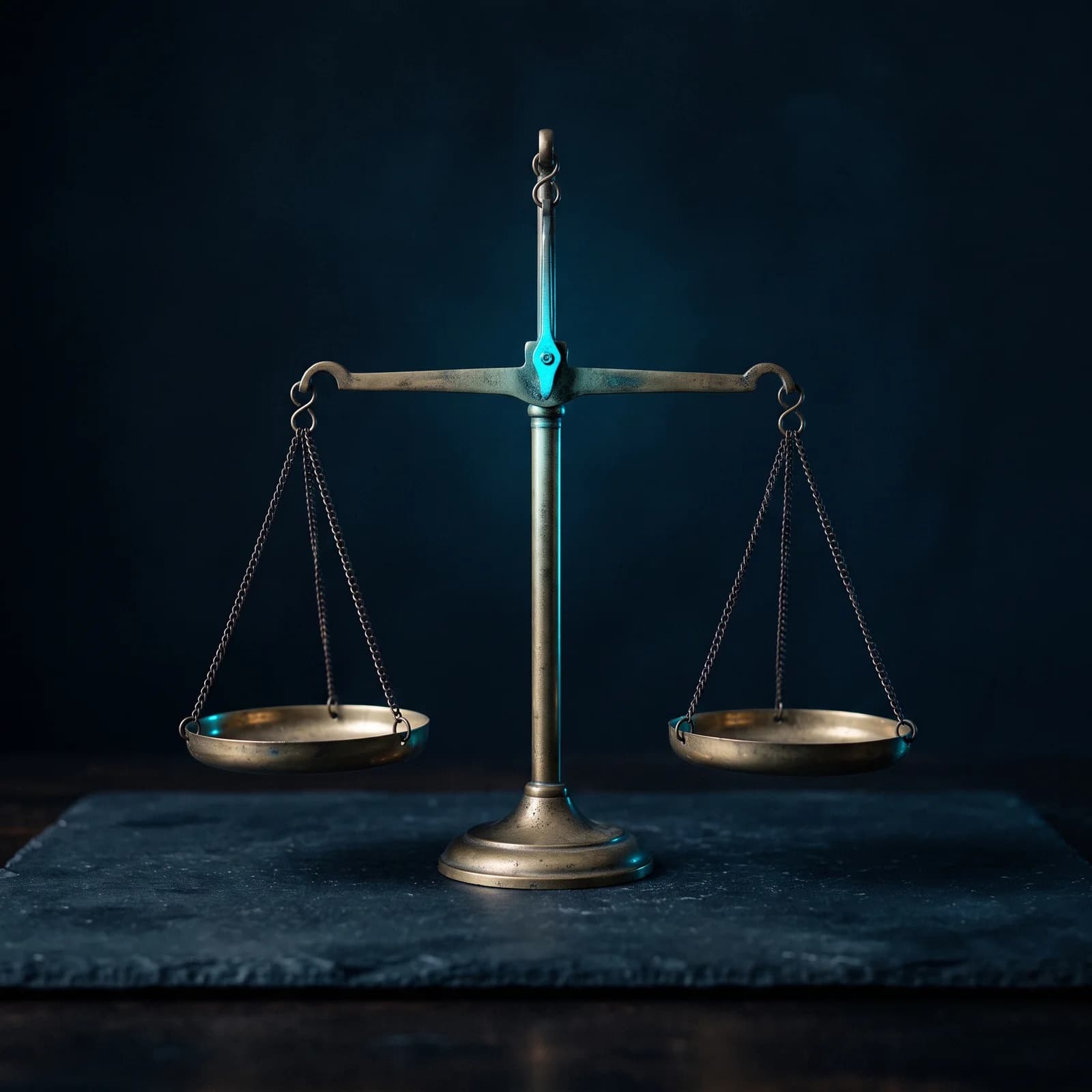 A brass balance scale standing on a dark slate surface, its two empty pans level, lit with a cyan highlight along the beam.