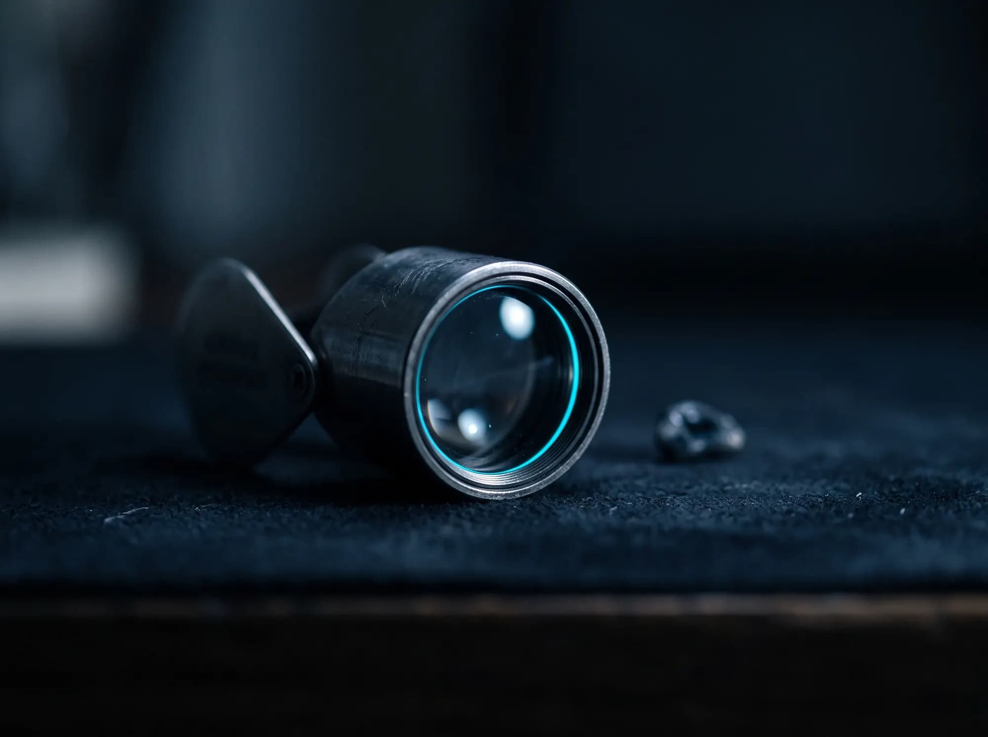 A jeweller's loupe resting on a dark surface beside a small object, catching one point of cool light.