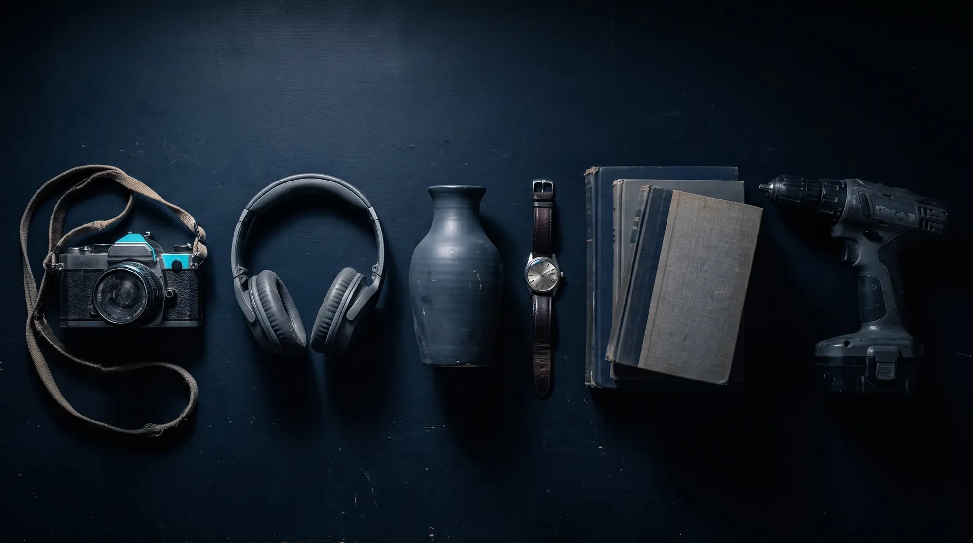 Six unrelated second-hand objects laid out in a row on a dark surface: a camera, headphones, a vase, a watch, books, a drill.