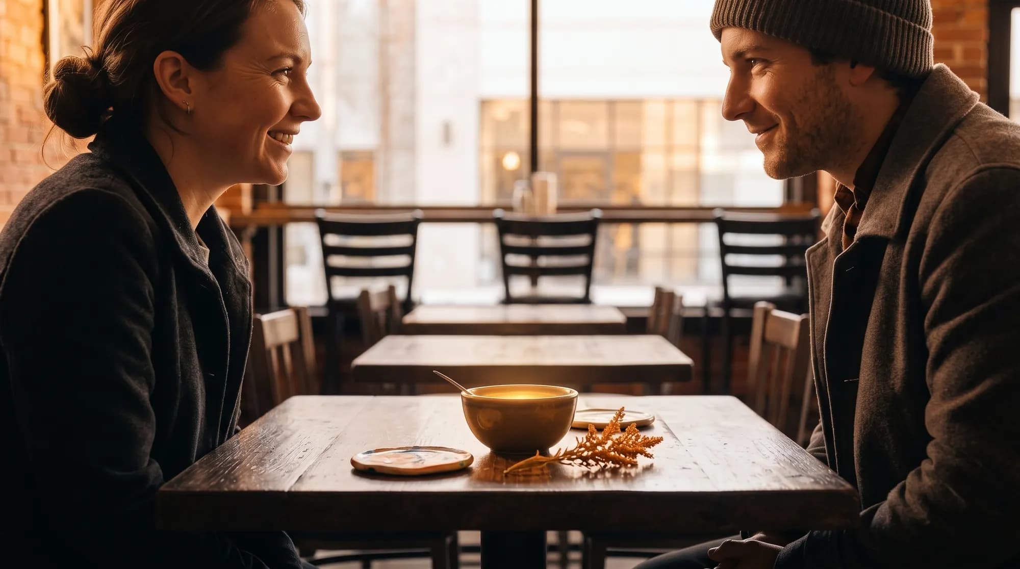 Two people sitting across a wooden café table in warm light, talking over a single cup of coffee.