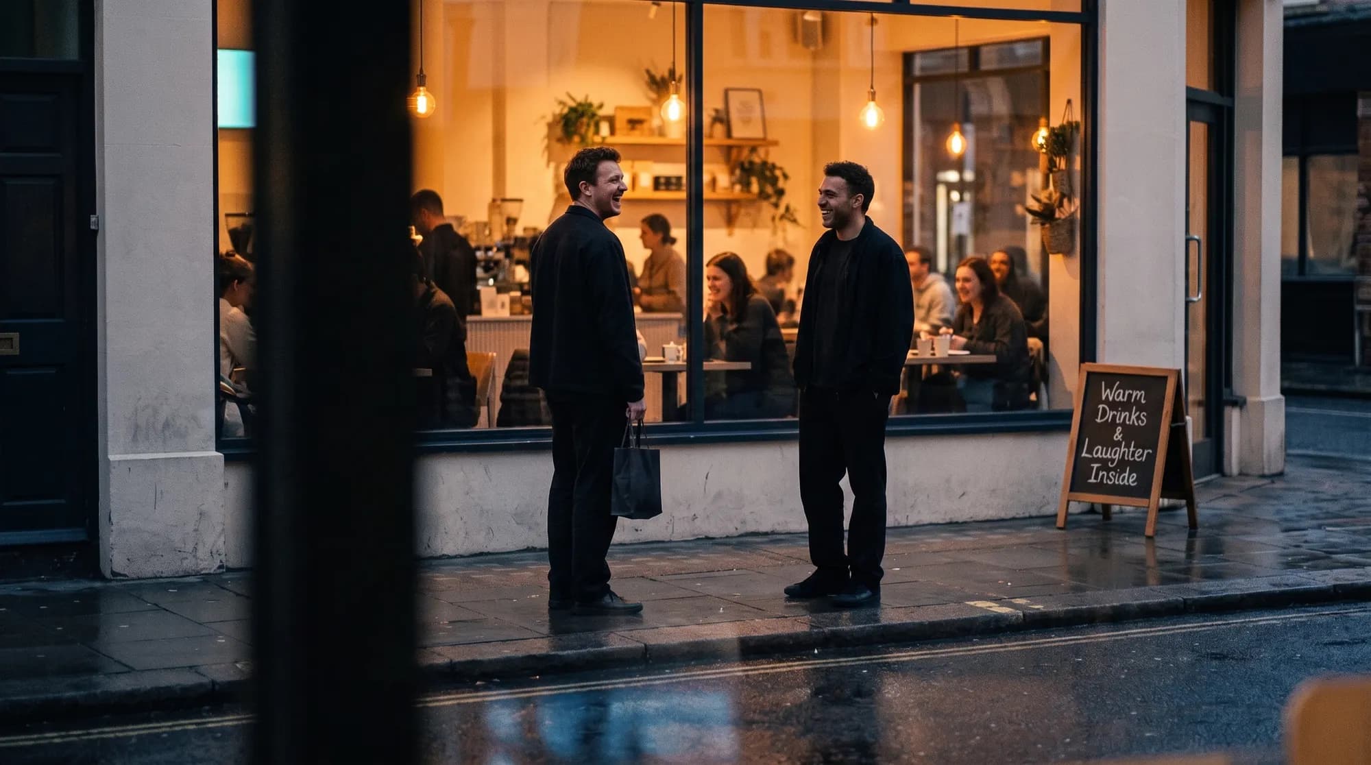 Two people talking outside a lit café at dusk, seen from across a wet street, one carrying a bag.