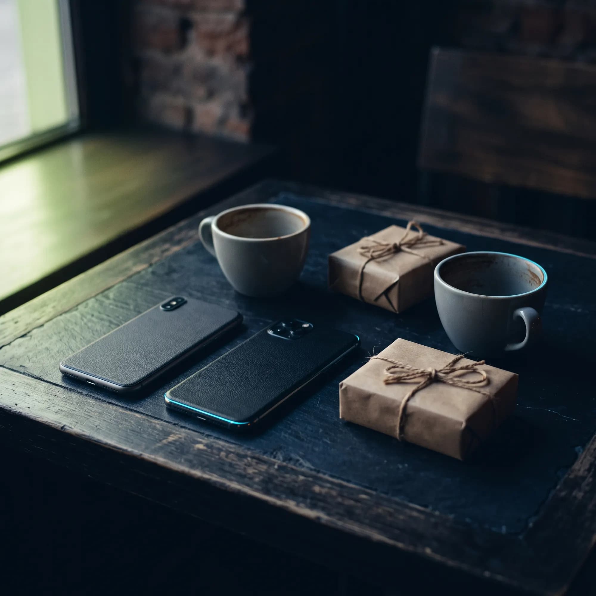 Two phones lying face down on a dark café table beside two empty cups and two small parcels.