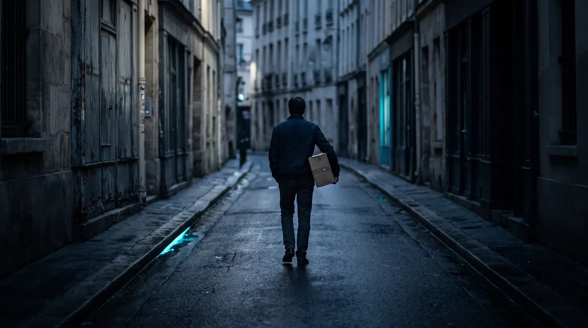 A single figure walking away down a lit street at dusk, carrying a boxed object under one arm.