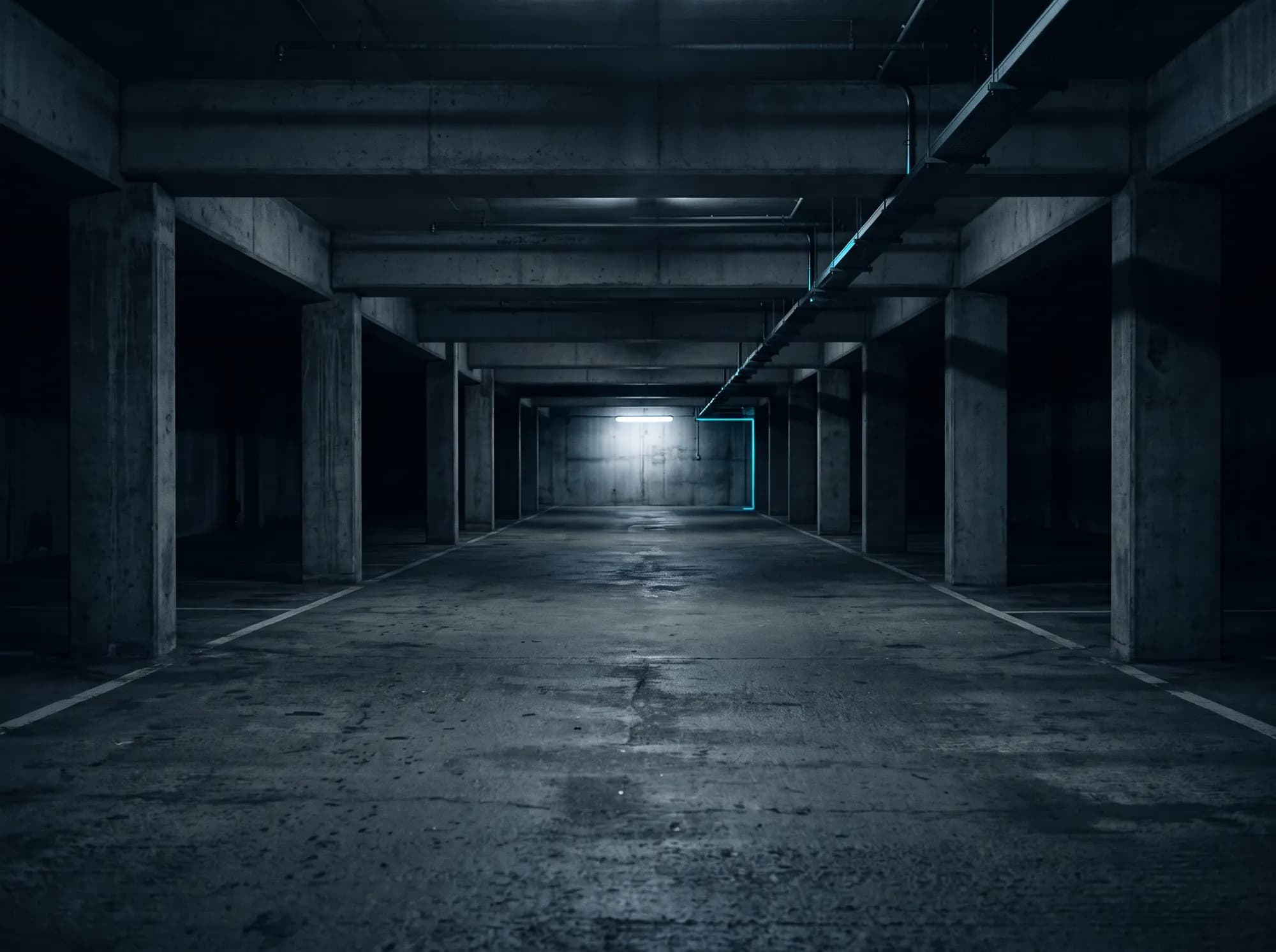 An empty multi-storey car park at night, one flickering strip light at the far end, no people.