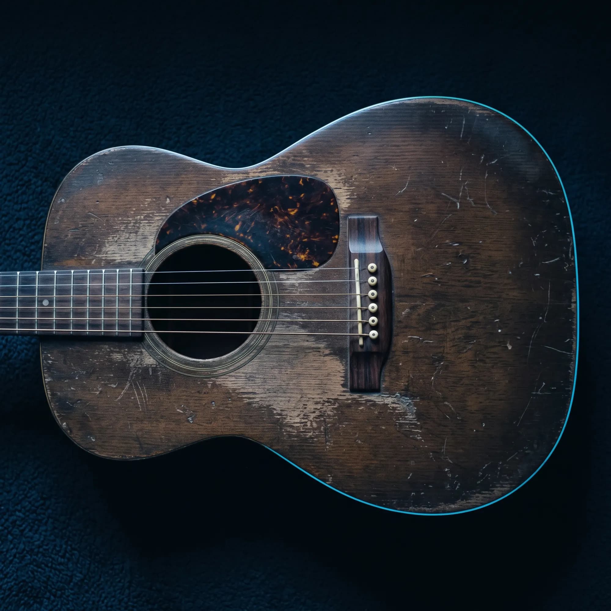 The body of a well-used acoustic guitar lying flat on a dark surface, pick scratches visible on the top.