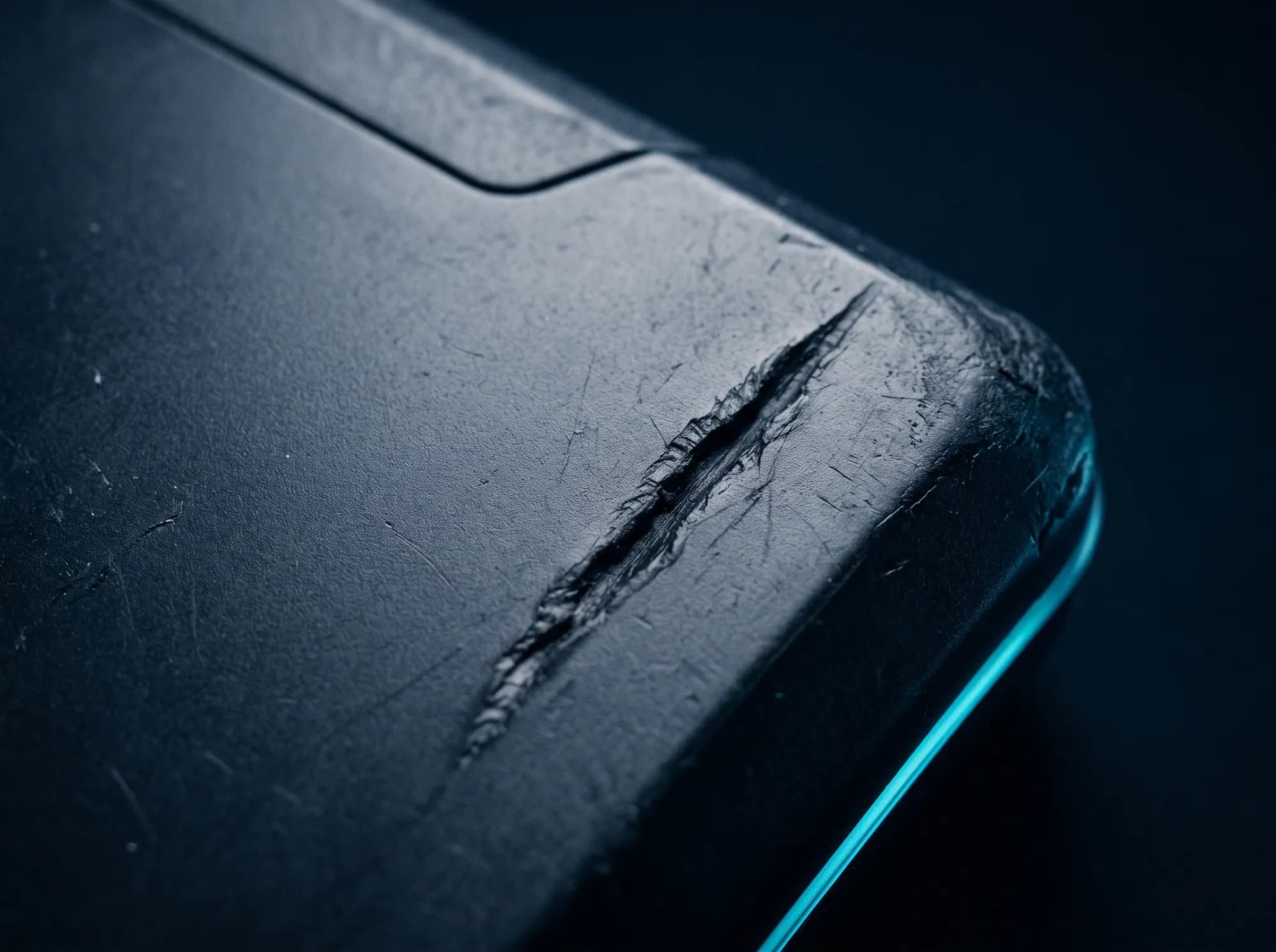 An extreme close-up of a scratch across the corner of a matte plastic device casing.