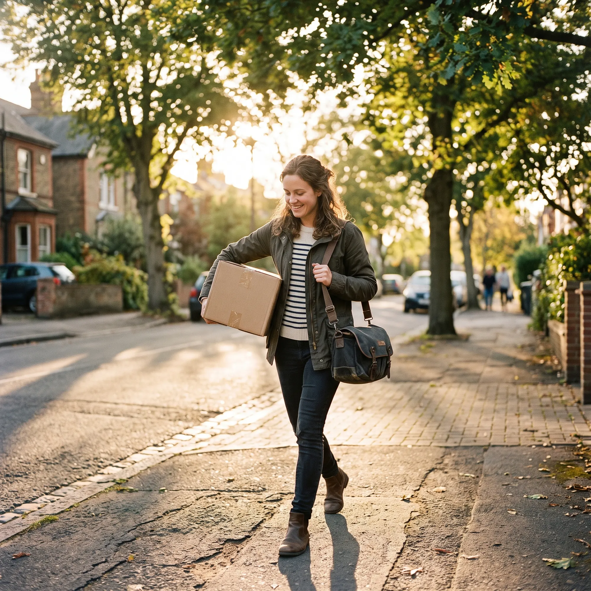 A woman walks along a tree-lined suburban street into low evening sun, carrying a taped cardboard box under one arm and a waxed canvas bag over her shoulder.