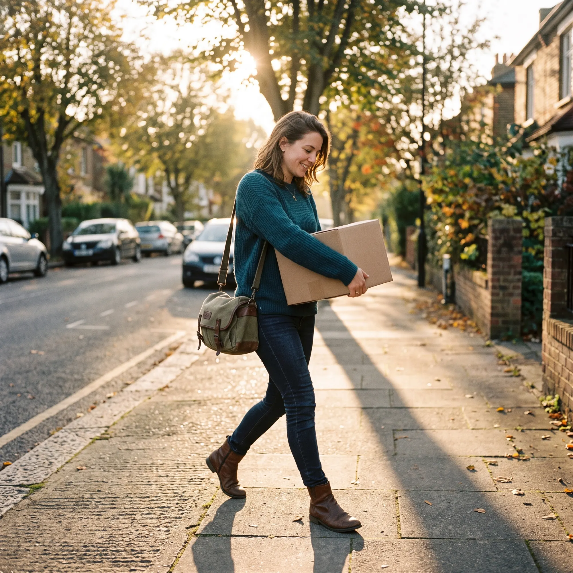 A person walking along a suburban pavement in low evening sun, carrying a taped cardboard box under one arm.