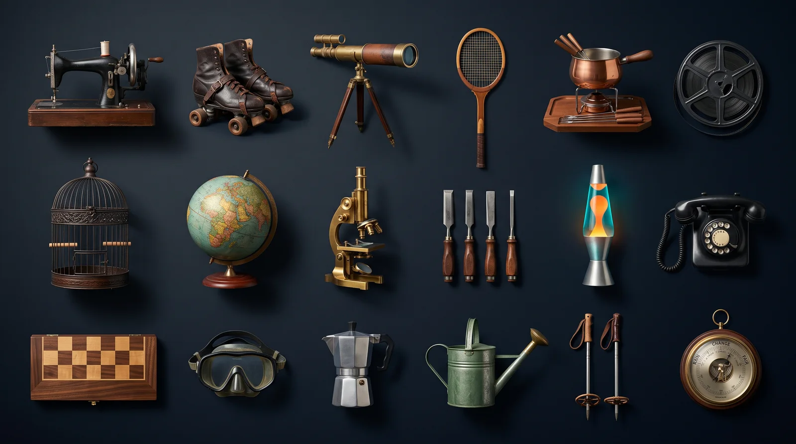 Eighteen second-hand objects arranged in three rows on a near-black surface, among them a hand-crank sewing machine, a birdcage, a globe, a lava lamp and a rotary telephone.