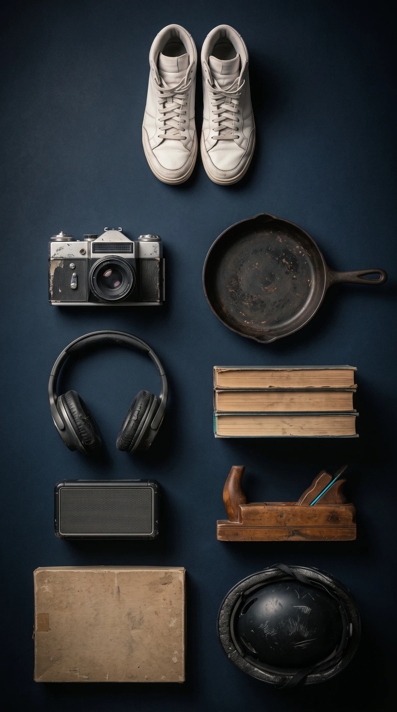 Nine second-hand objects arranged in rows on a dark surface, photographed from above.