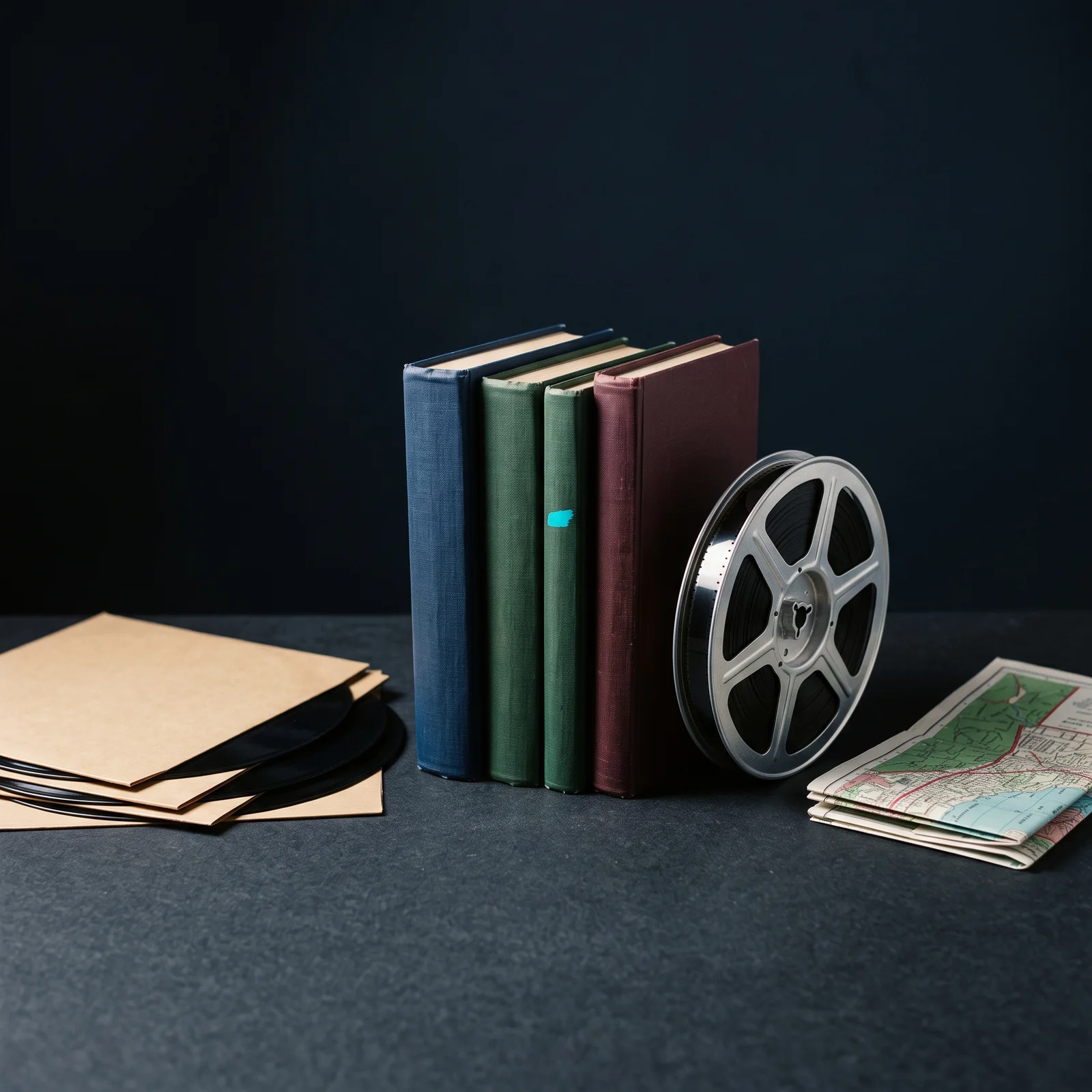 Four cloth-bound hardbacks standing in a row on a dark surface beside a stack of vinyl records in paper sleeves, an eight-millimetre film reel and a folded paper map.