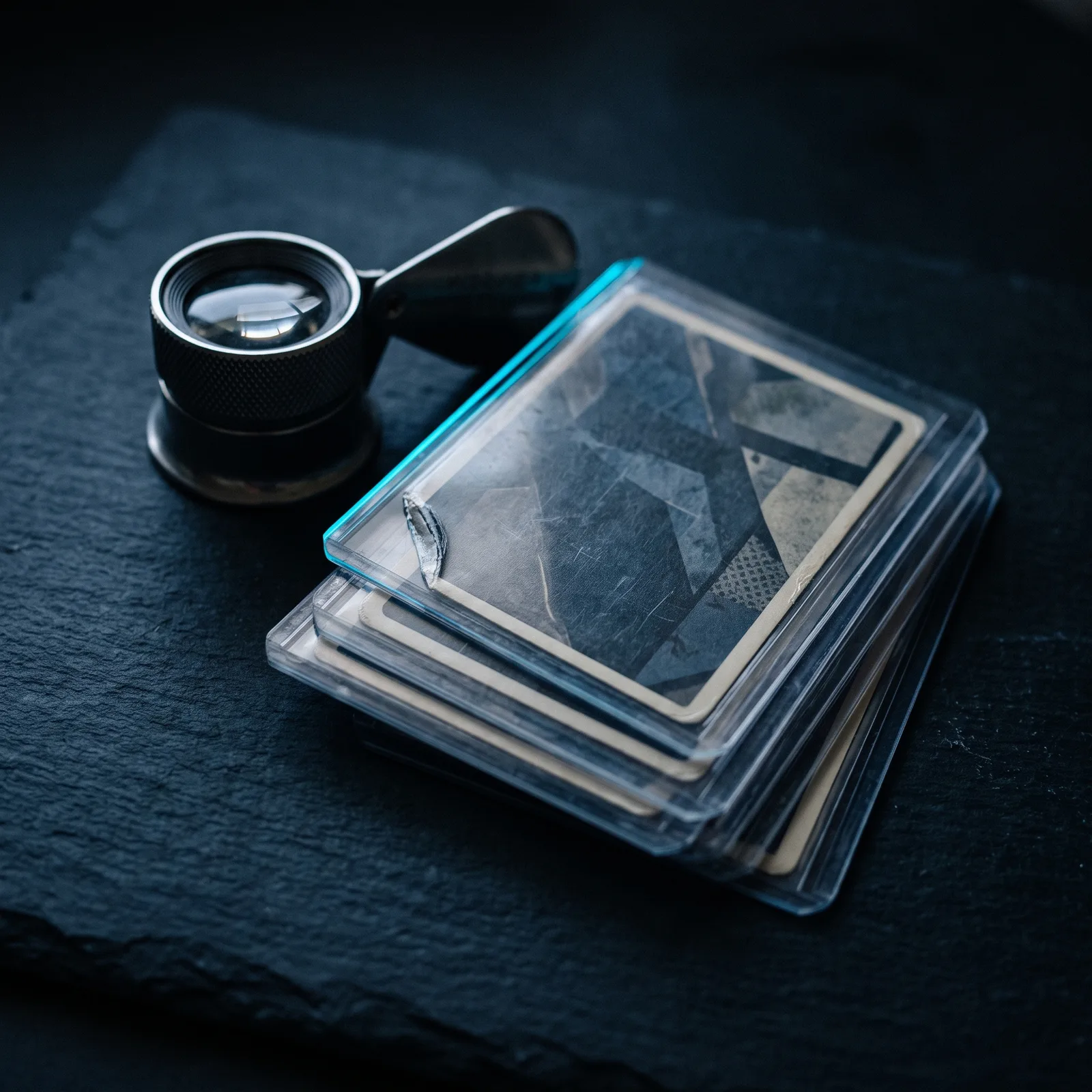 A jeweller's loupe on a dark slate surface beside a short stack of trading cards in clear rigid holders, the top card visibly worn at one corner.