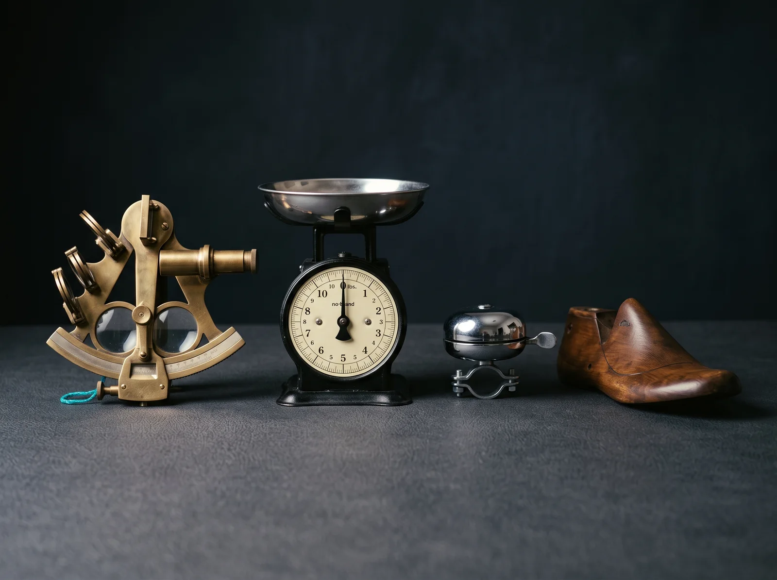 A brass sextant, a cast-iron kitchen scale with a scratched steel pan, a wooden shoe last and a brass hand bell arranged on a scuffed dark table.