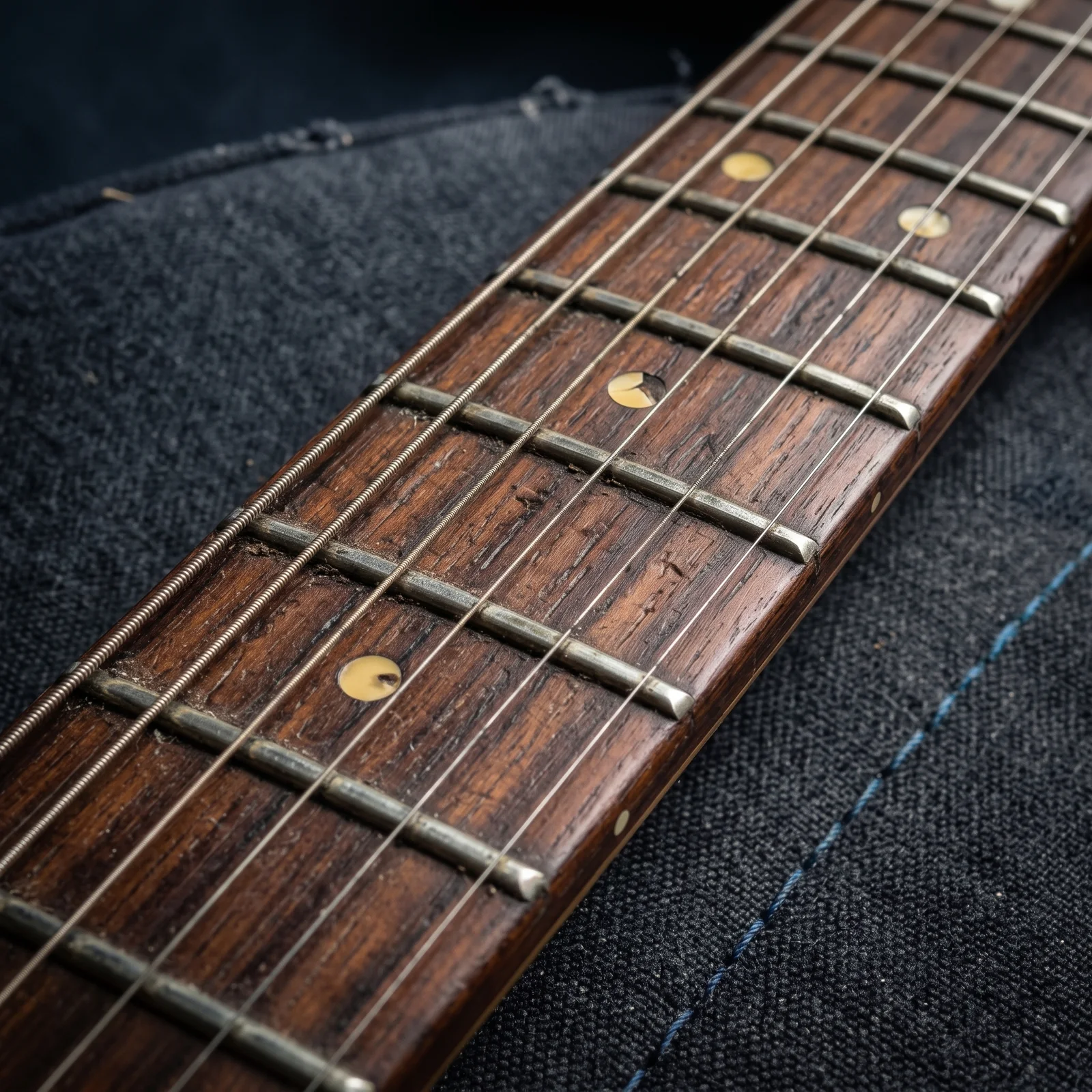 An extreme close-up of a rosewood guitar fretboard, the frets worn into shallow divots beneath the strings and the wood darkened where a hand has held it.