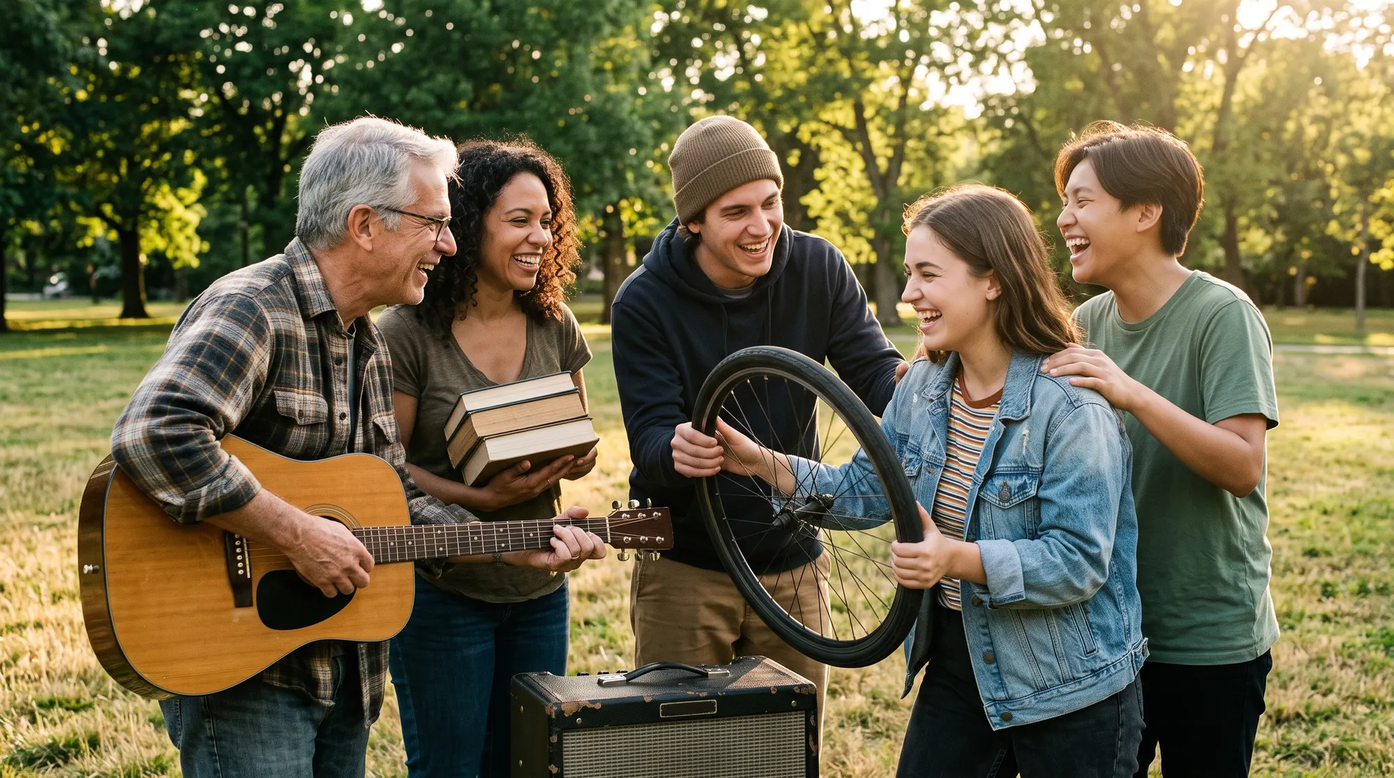 Five people standing in a circle on grass in a park, laughing: an older man playing an acoustic guitar, a woman holding three hardback books, a man holding a bare bicycle wheel and a small amplifier on the grass between them.