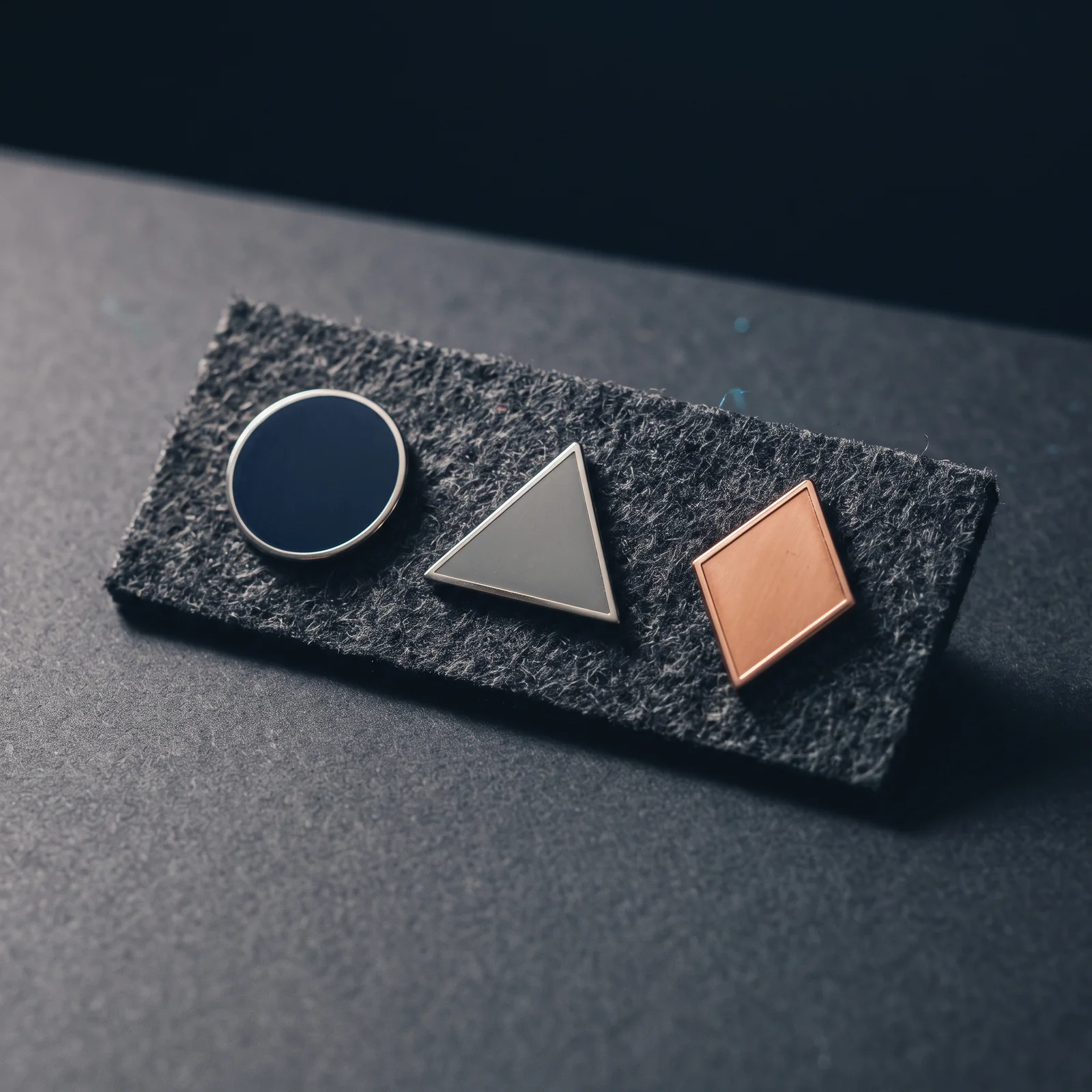 Three enamel pin badges — a navy circle, a grey triangle and a copper diamond — pinned to a rectangle of dark grey felt on a slate surface.