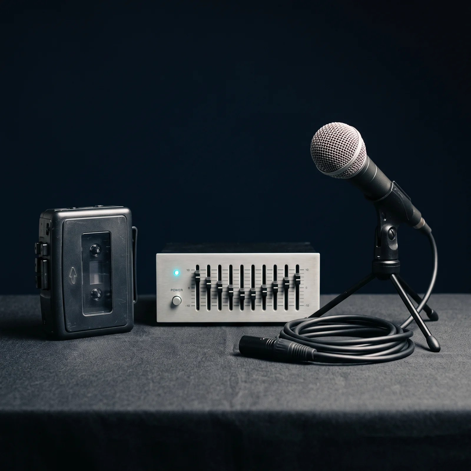 A cassette Walkman, a ten-band graphic equaliser and a dynamic microphone on a small tripod with a coiled cable, on a dark surface.