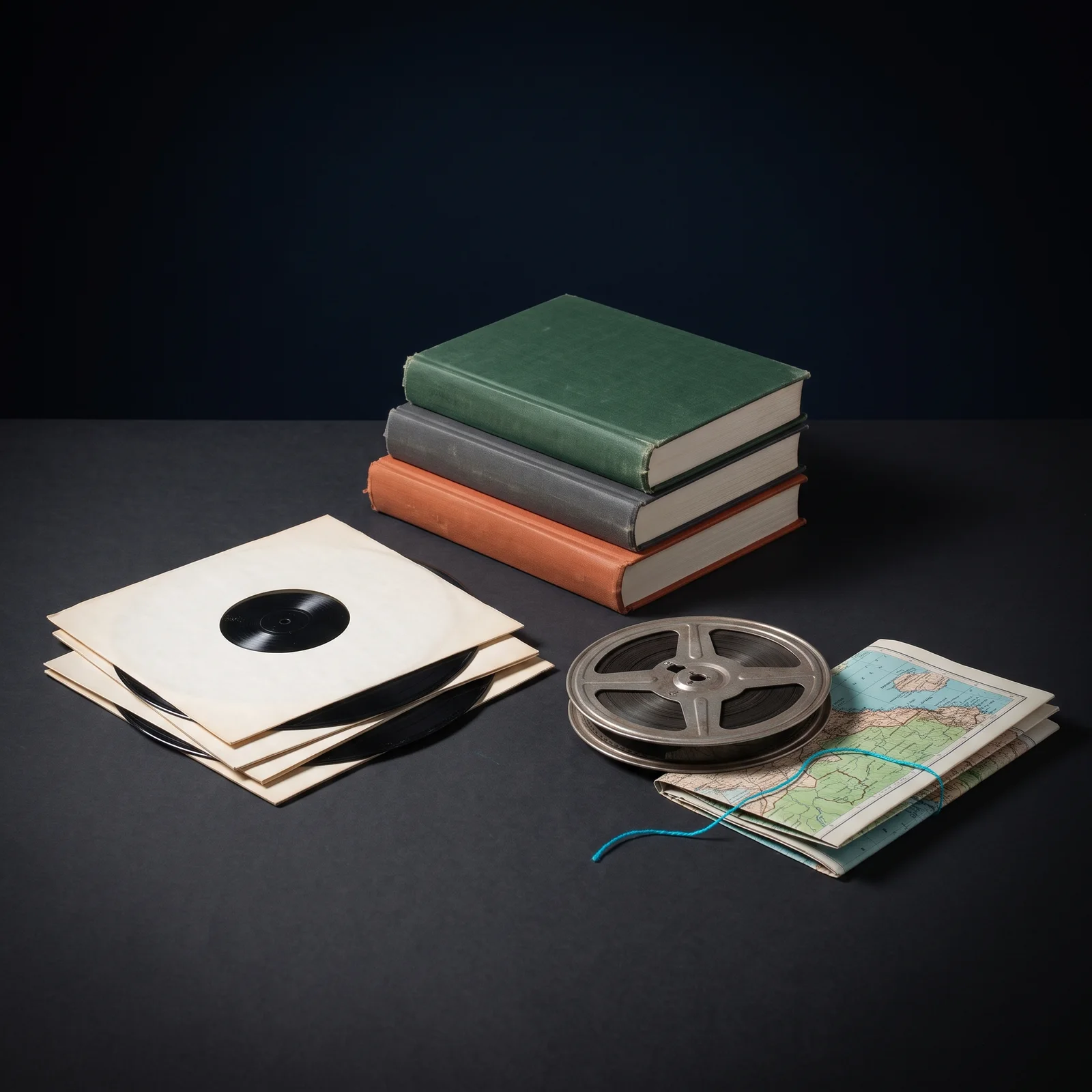 Three cloth-bound hardbacks stacked beside a small pile of vinyl records in clean paper sleeves, an eight-millimetre film reel on its side and a crisply folded paper map.