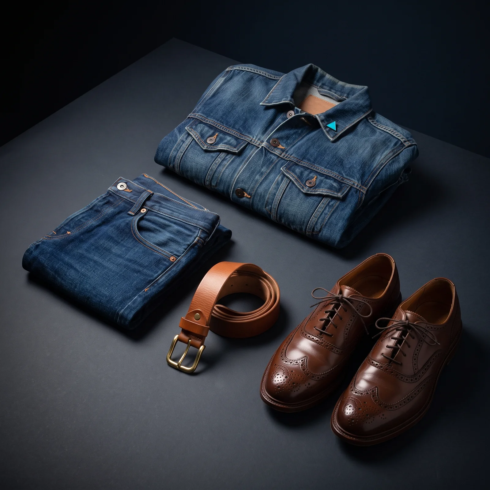 A folded indigo denim jacket and jeans on a dark surface beside a rolled tan leather belt with a brass buckle and a matched pair of polished brown leather brogues.