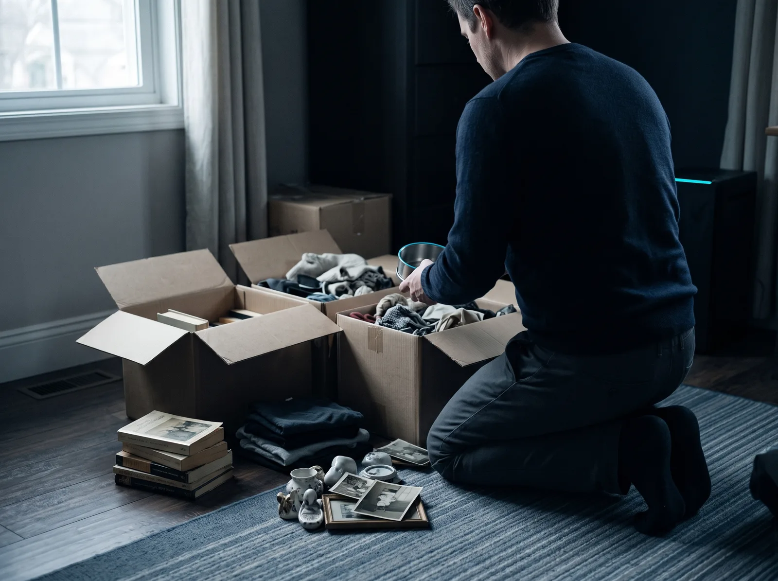 A man kneeling on a rug beside three open cardboard boxes, sorting folded clothes, books, framed photographs and small china ornaments into them.