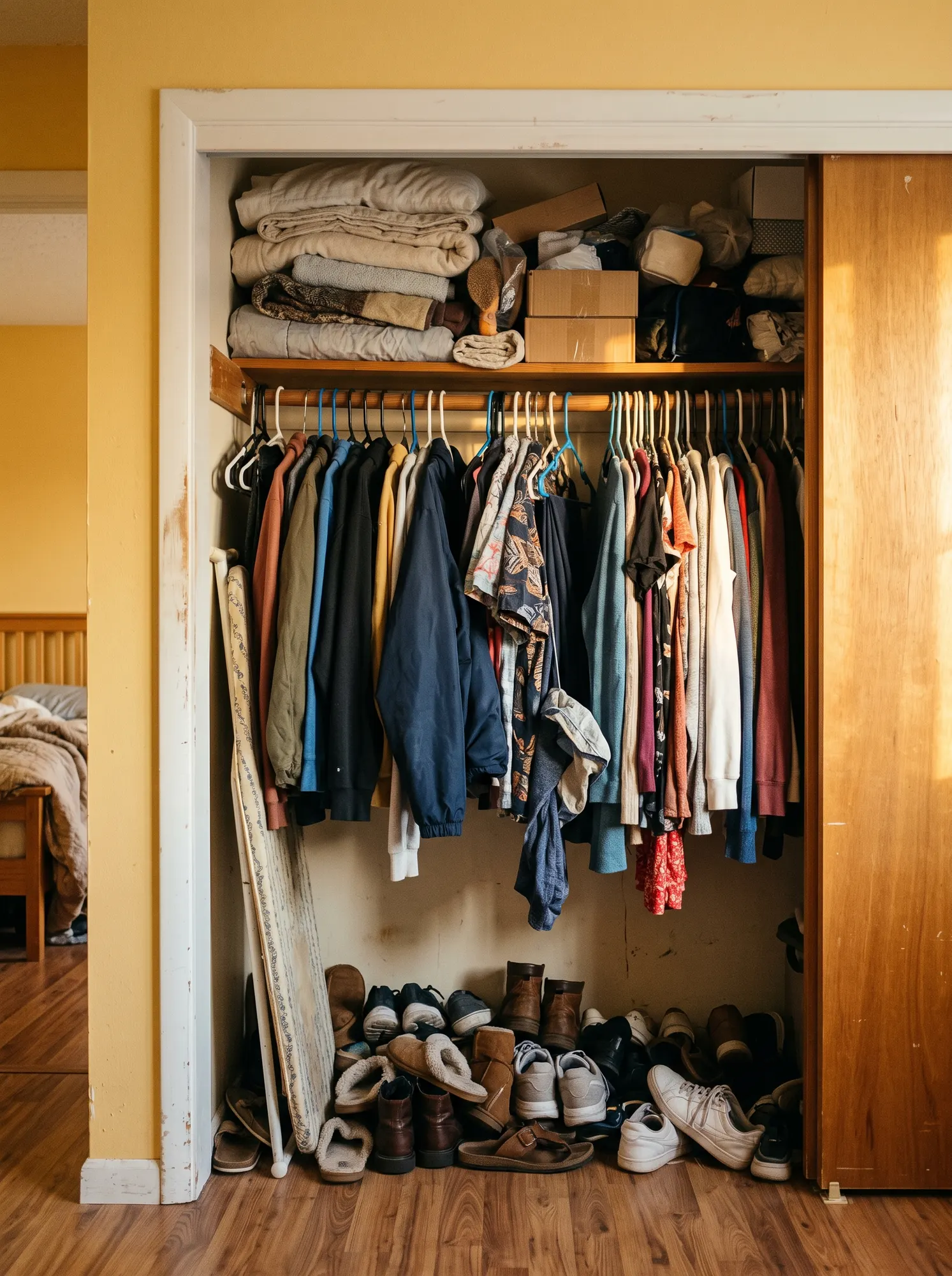 A fitted bedroom closet packed to the rails with clothes, with boxes and bags stacked on the shelf above.