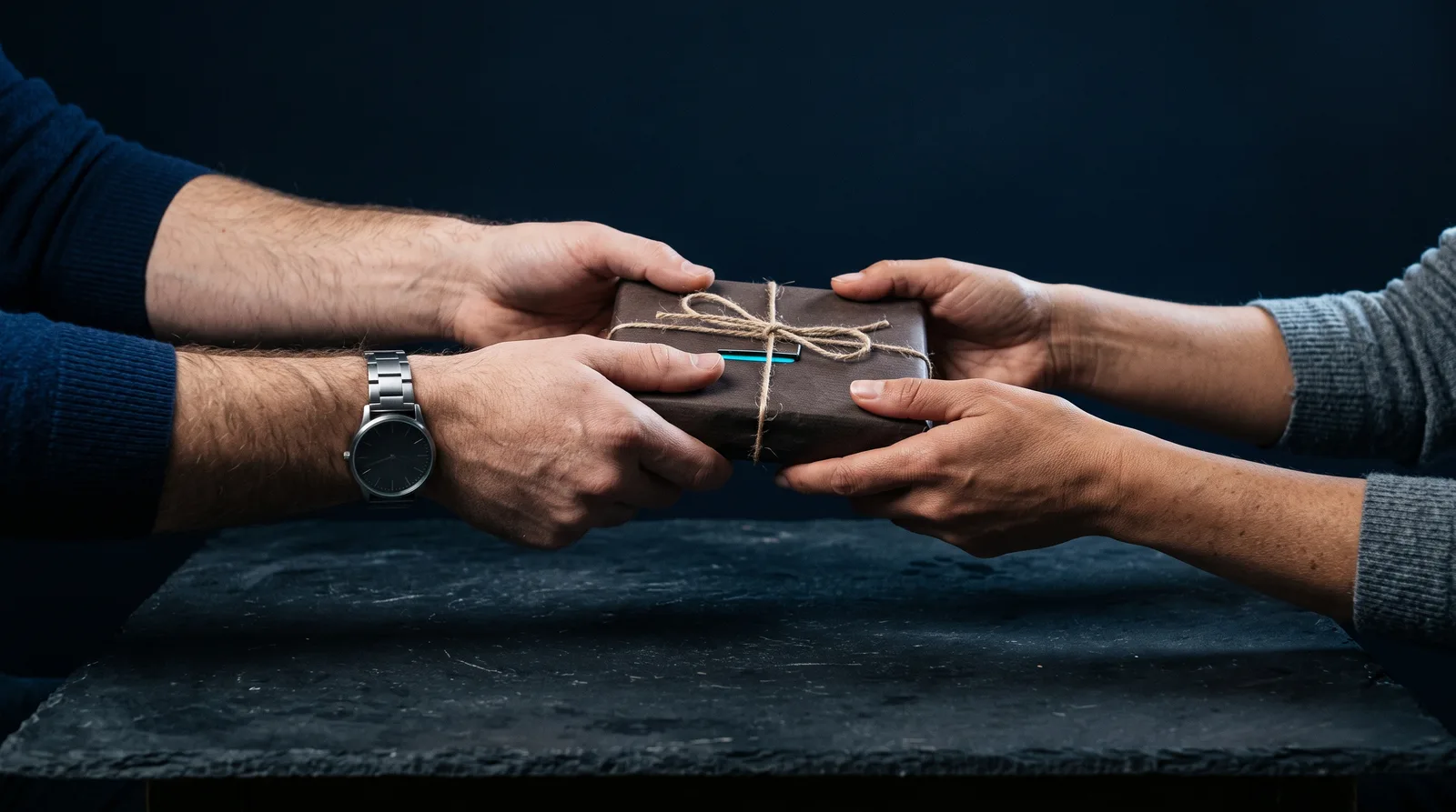 Two pairs of hands over a dark slate table, one passing a parcel wrapped in brown paper and tied with string to the other.