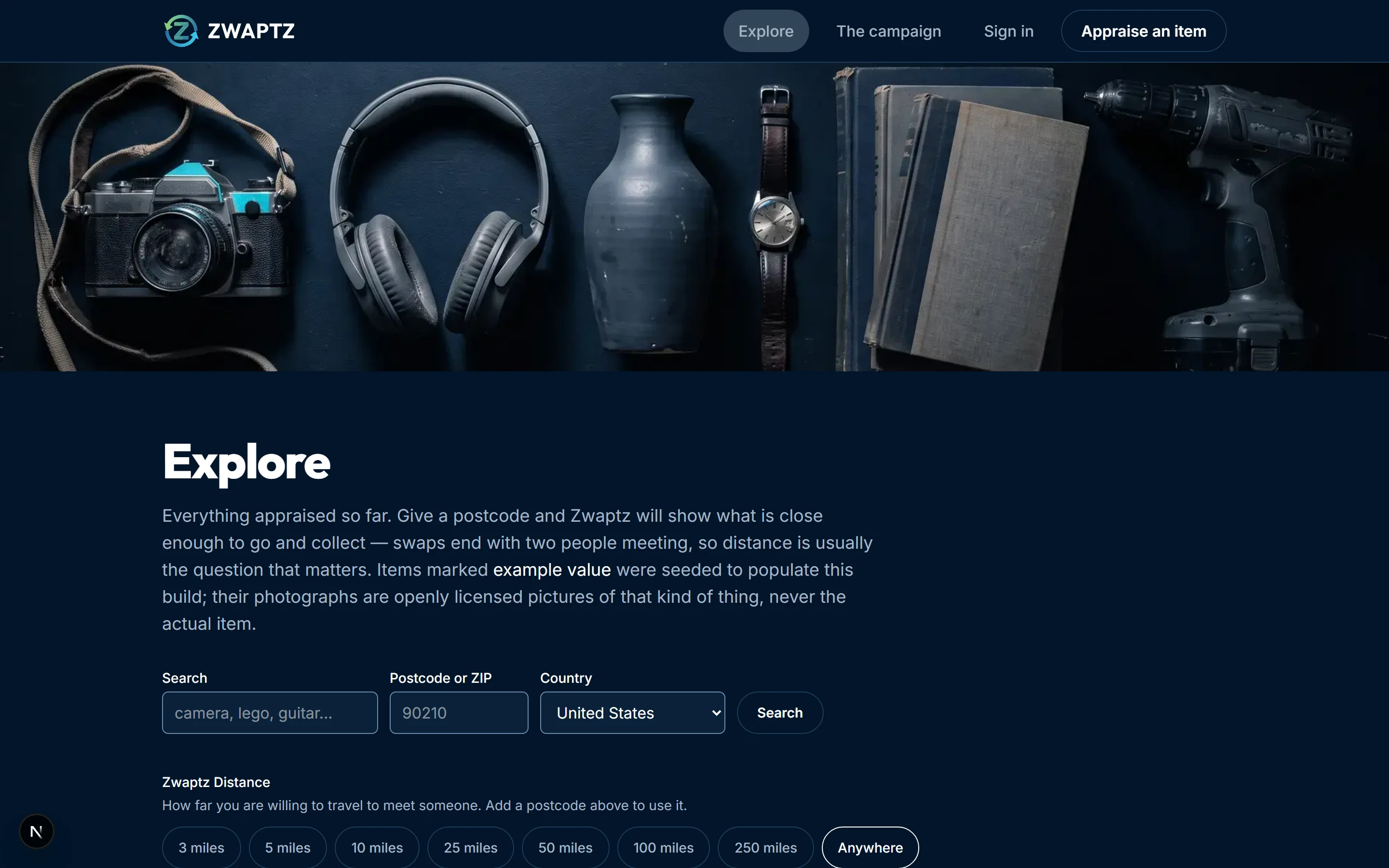 The Zwaptz Explore screen listing appraised items, each with its valuation band and a rounded distance.