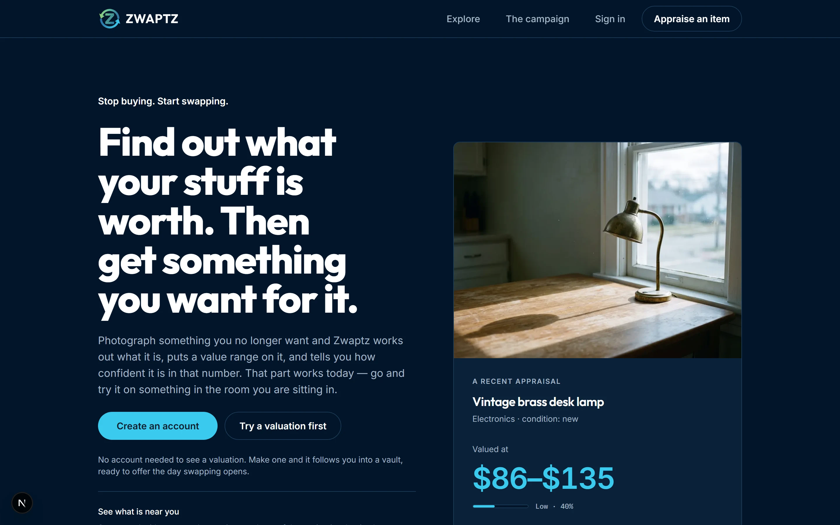 The Zwaptz home page, signed out, showing a recent appraisal of a vintage brass desk lamp valued at $86 to $135.