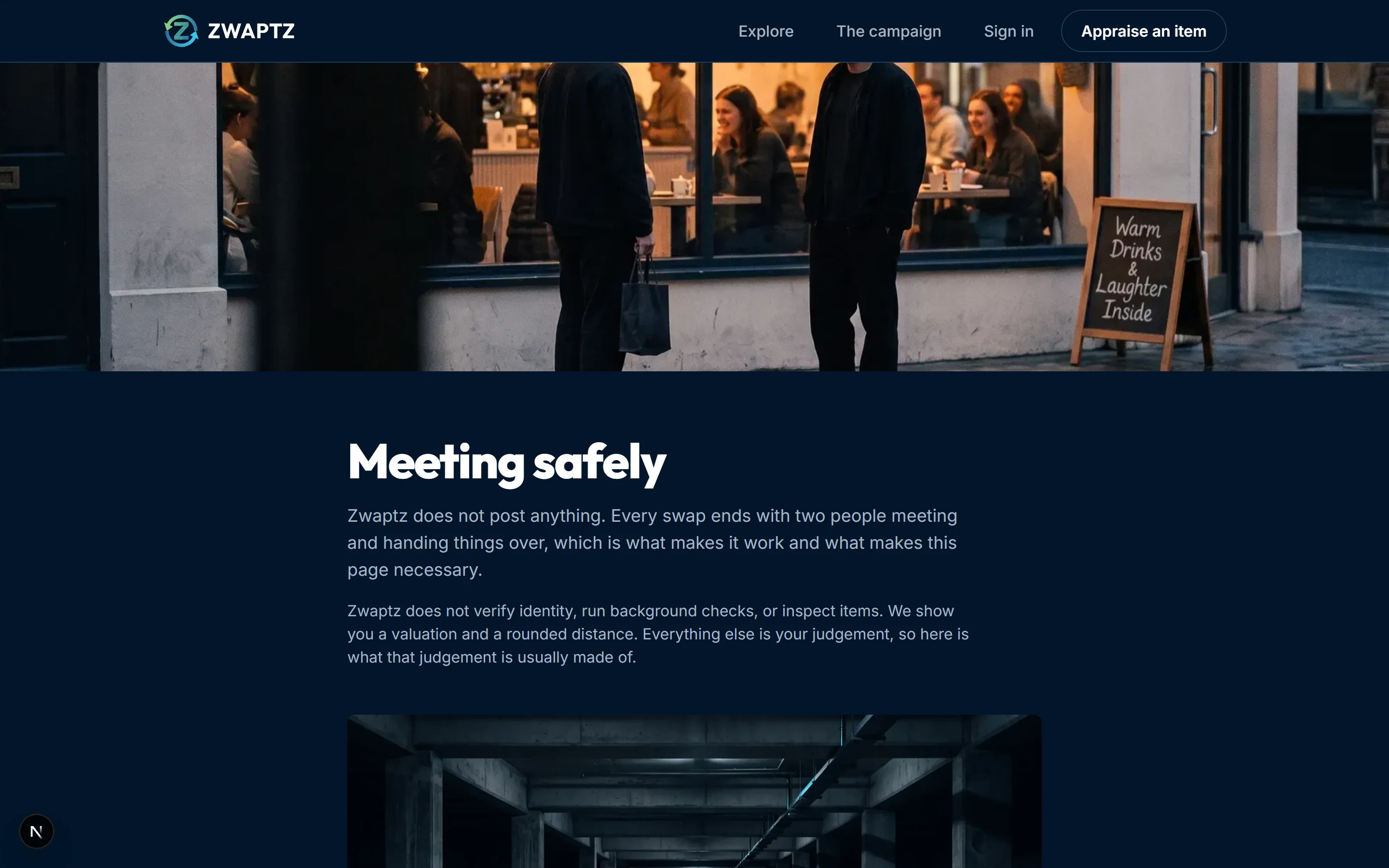 The Zwaptz Meeting safely page, headed with a photograph of a cafe at dusk and copy explaining that Zwaptz does not verify identity or inspect items.
