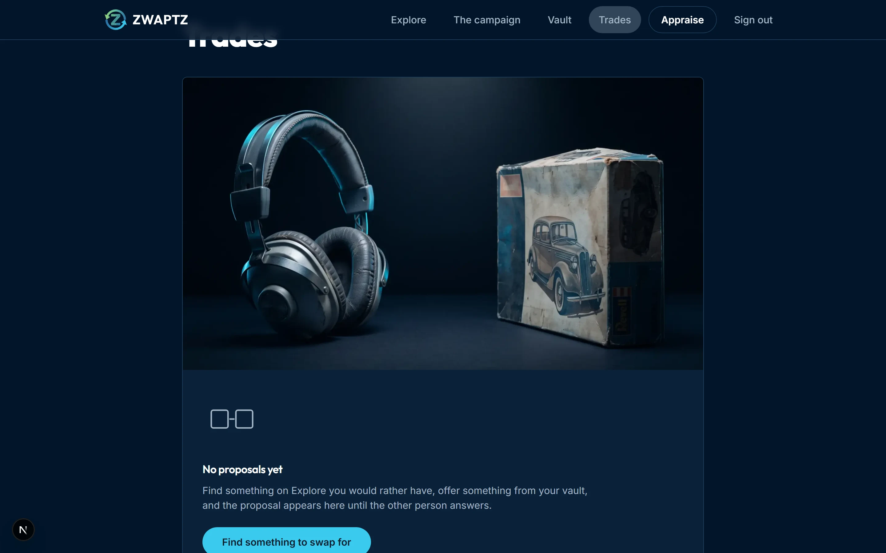 The Zwaptz trades page showing an exchange between a pair of headphones and a boxed model car.