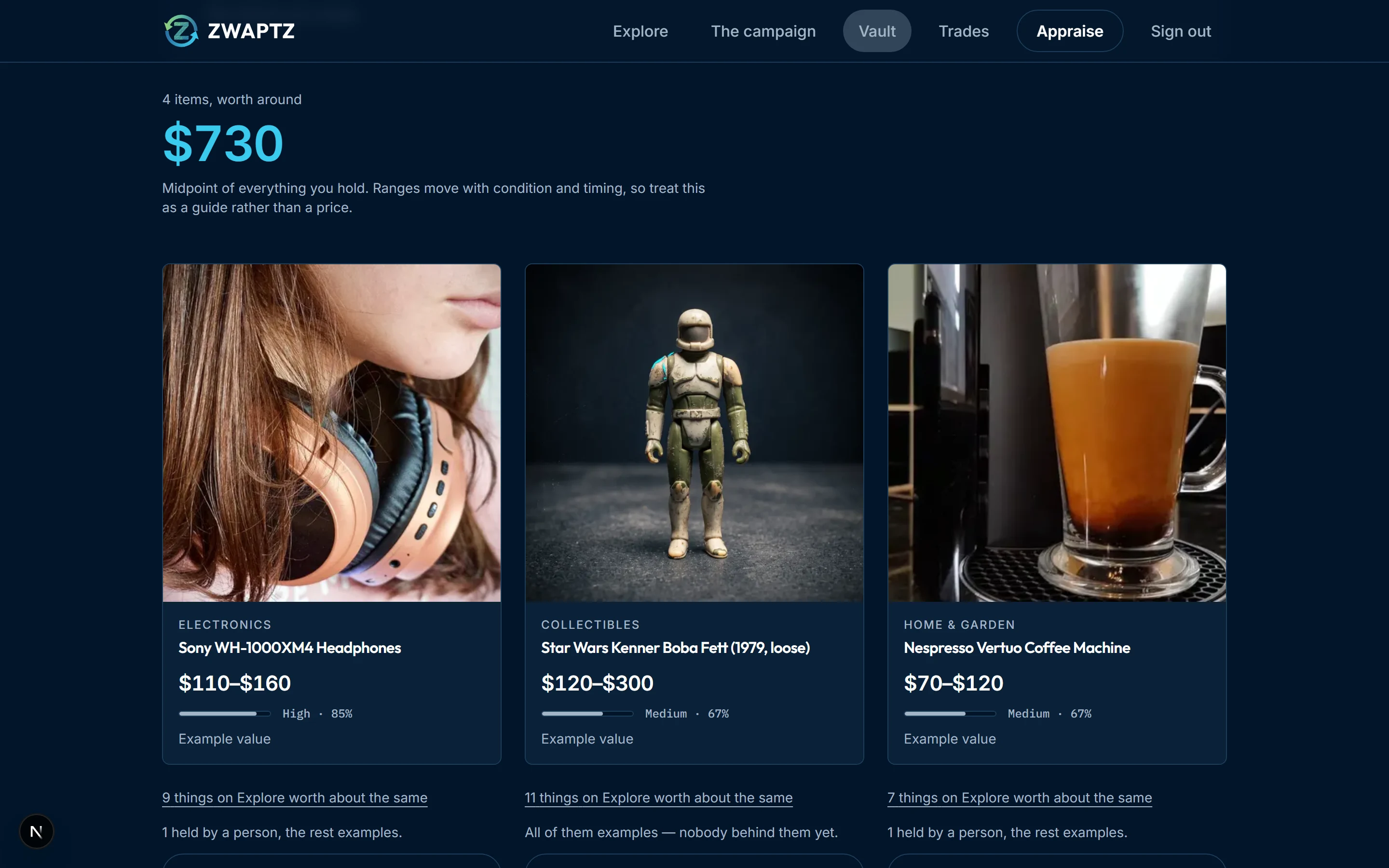 The Zwaptz vault: a heading reading 4 items, worth around $730, above the items it holds with their valuation bands.