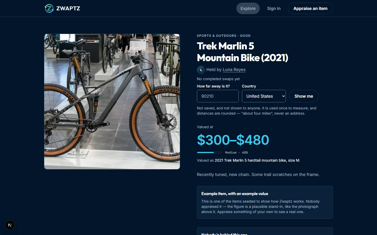 A Zwaptz item page for a 2021 Trek Marlin 5 mountain bike, valued at 300 to 480 dollars with a confidence bar reading Medium, 68 percent.